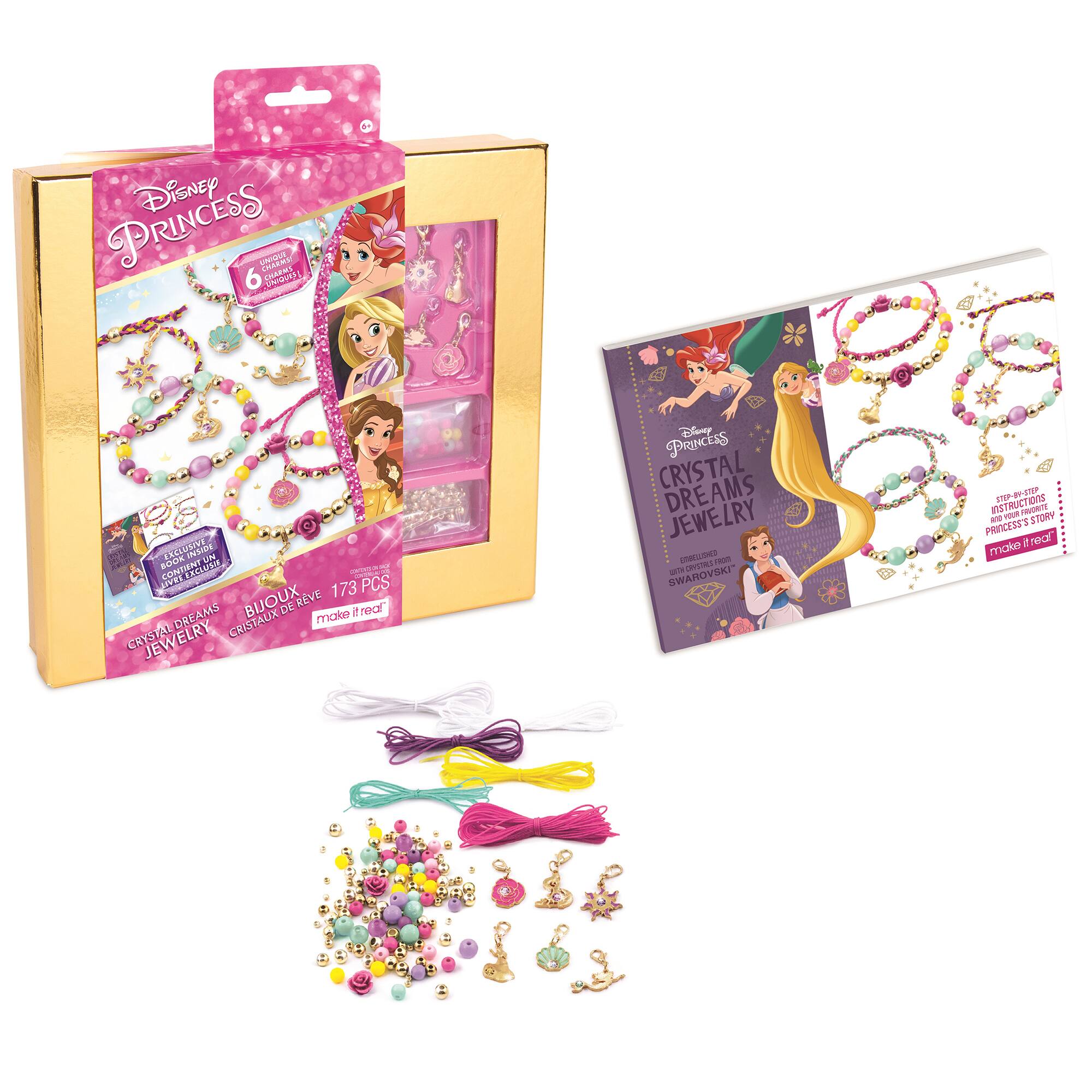 Disney Princess Crystal Dreams Jewelry Set:

* 6 Bracelets
* 173 PCS Bijoux de Reve
* Crystal Jewelry
* Storybook
* Instructions

This set is designed for children to create their own Disney Princess-themed jewelry and enjoy a fun, creative experience. The set includes various bracelets, crystal jewelry, and a storybook to help children engage with the characters and stories from the Disney Princess universe. The instructions provided will guide children through the process of assembling and customizing their jewelry, allowing them to express their creativity and imagination.