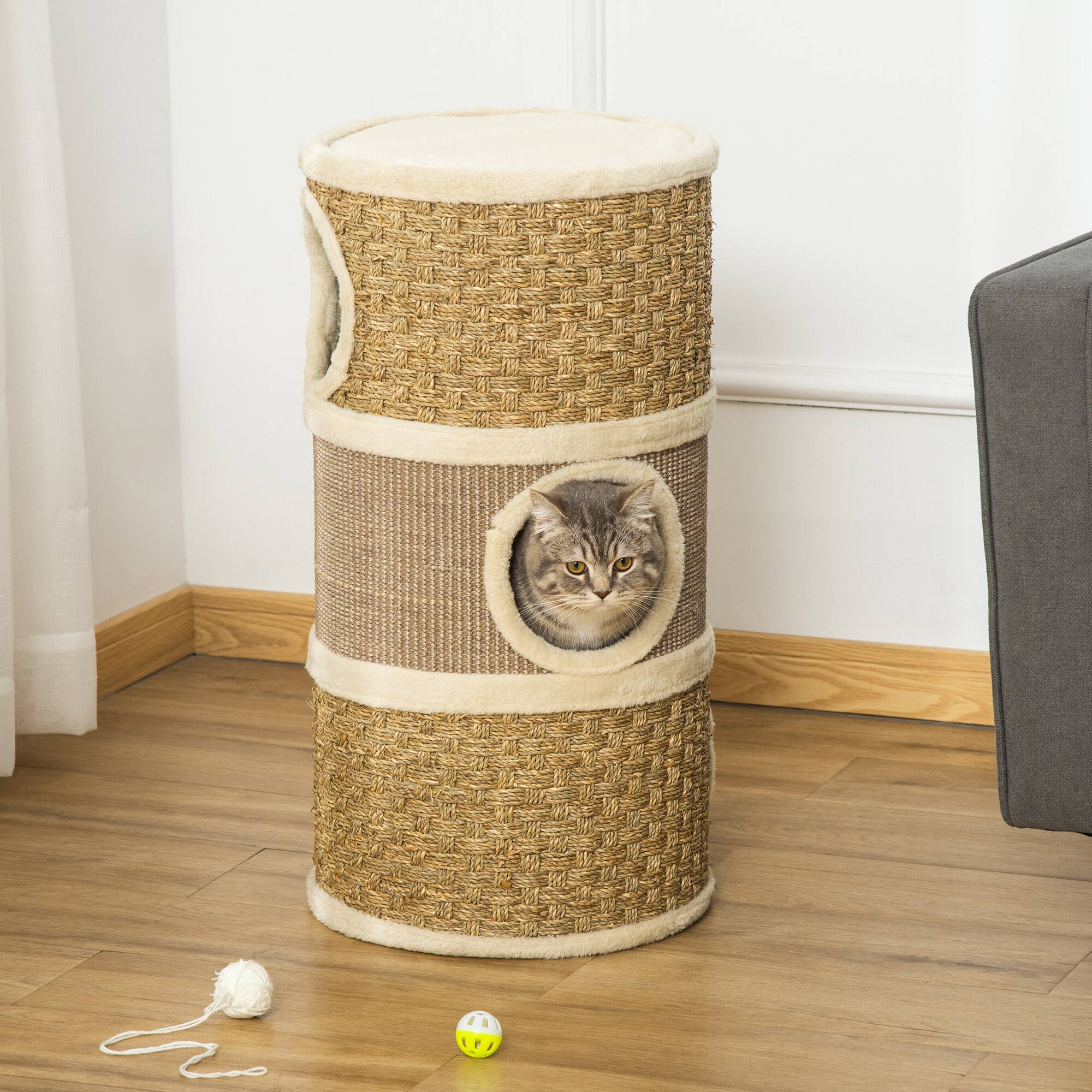 Angle. Pawhut - 28 Inch Cat Condo, 3 Story Cat Hideaway with Sisal Scratching Pad, Barrel Shaped Small Cat Tree for Indoor Cats.