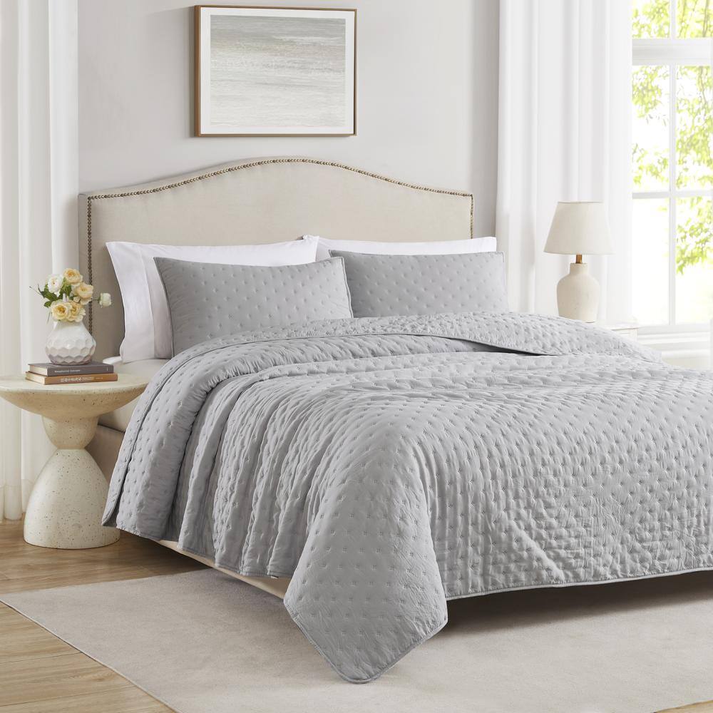Alt View 1. RT Designers Collection - RT Designers Collection Cayla 3 Pieces Washed Pinsonic Lightweight Quilts Set Queen Size For Bedding Grey - Grey.