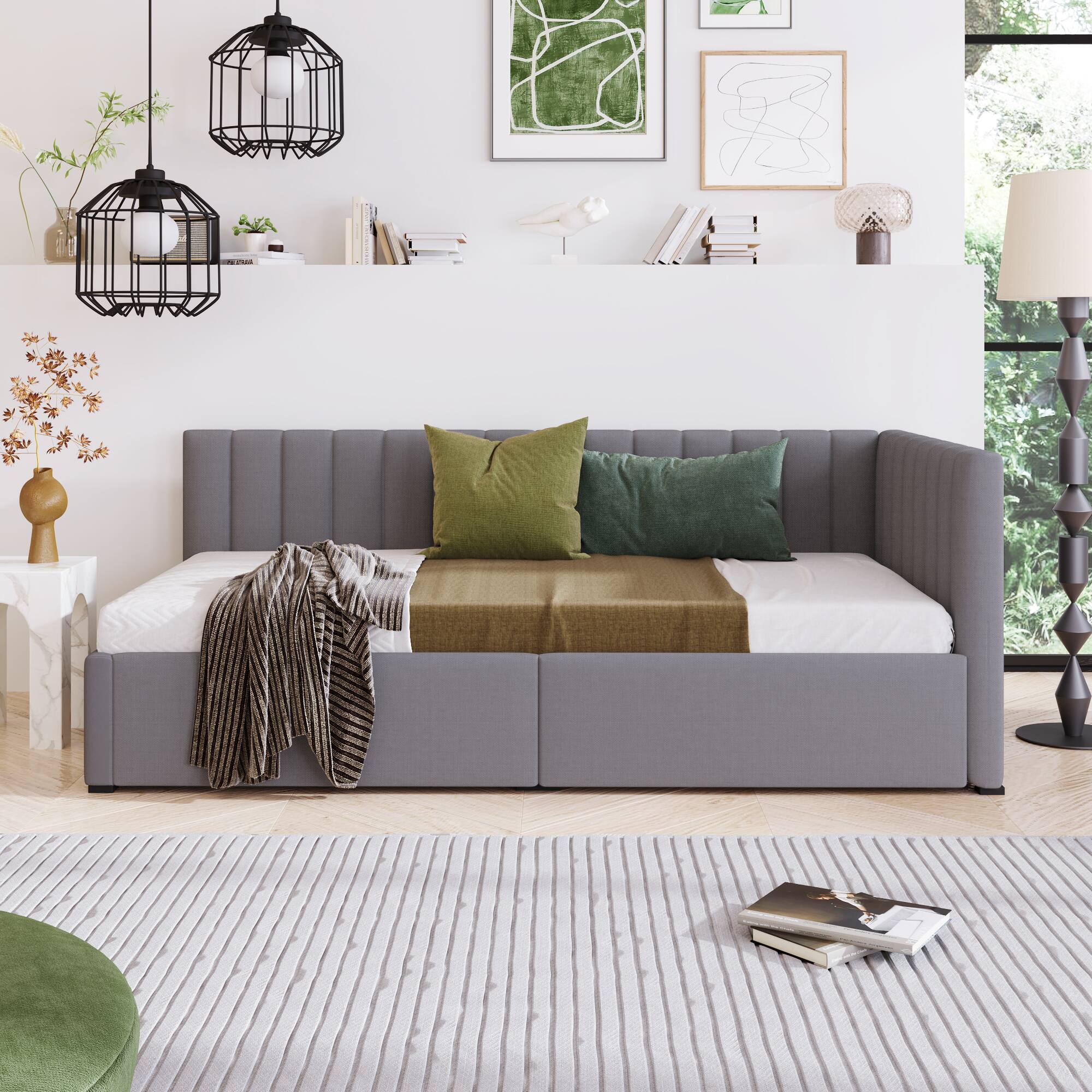 Angle. Tiramisubest - Upholstered Daybed with 2 Storage Drawers Twin Size Sofa Bed Frame No Box Spring Needed, Linen Fabric (Gray) - Gray.