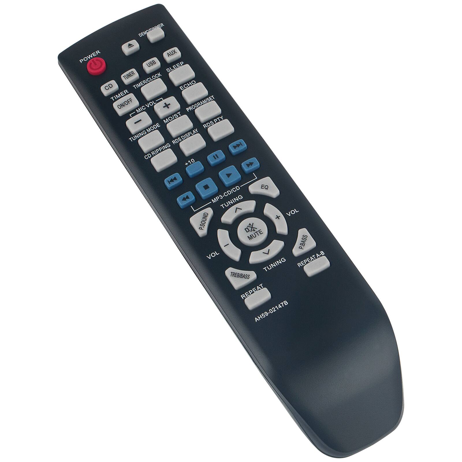 Here is the corrected and grouped text from the image:

**Top Row:**
- DEMONSTRATOR
- POWER
- USB
- AUX
- SLEEP

**Second Row:**
- TIMER CLOCK
- ECHO
- TIMER OFF
- MIC VOL
- PROGRAM/SET

**Third Row:**
- CD
- VOL -
- VOL +
- ON/OFF
- MOIST
- RDS PTY

**Fourth Row:**
- TUNING MODE
- RDS DISPLAY
- CD RIPING
- MP3-CD/CD
- EQ

**Fifth Row:**
- *10
- P.SOUND
- MUTE
- P.BASS

**Sixth Row:**
- TREB/BASS
- REPEAT A-B
- TUNING

**Bottom Row:**
- REPEAT
- A.H69-02147B

**Additional Labels:**
- VOL
- P.SOUND
- P.BASS
- TREB/BASS
- REPEAT A-B
- TUNING
- REPEAT