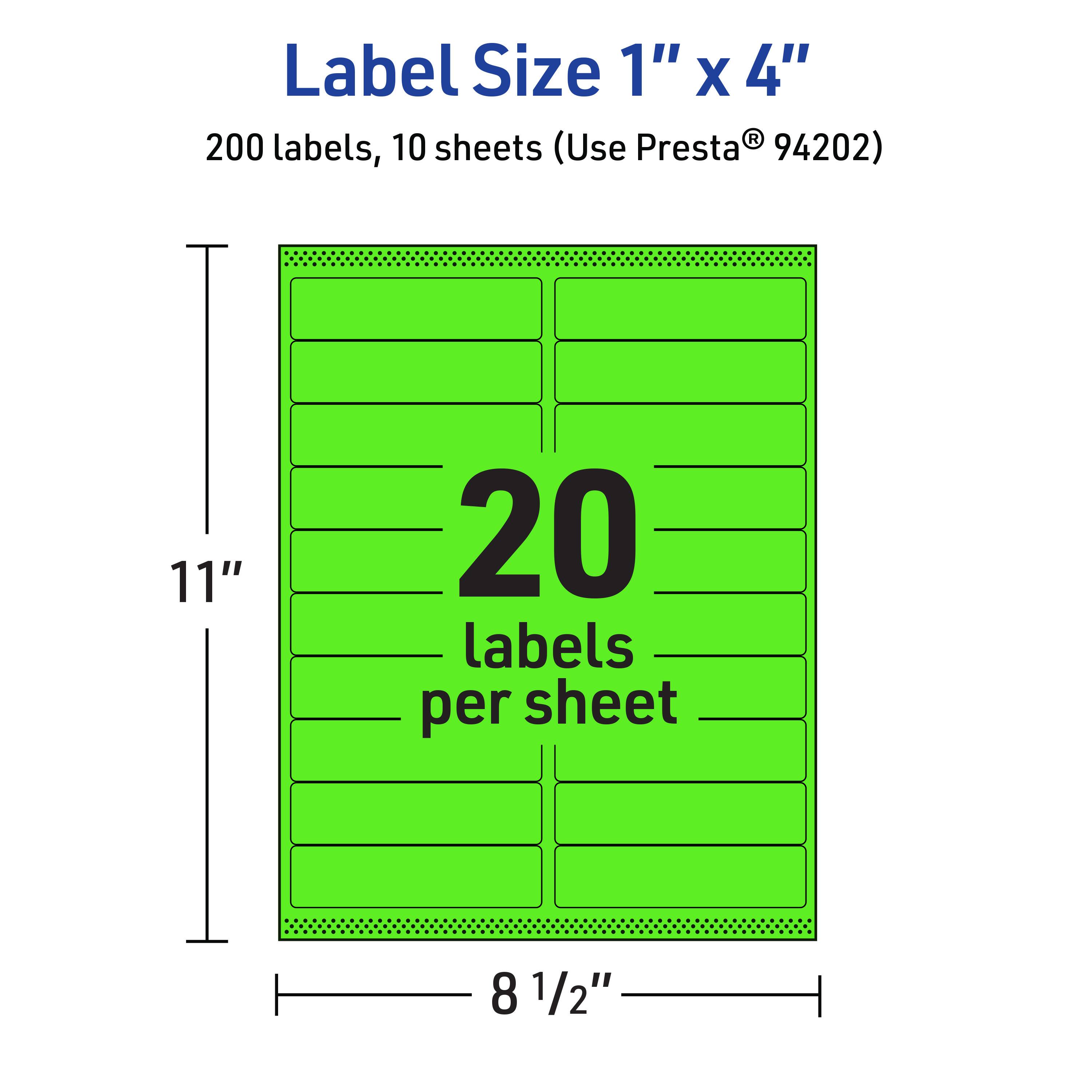 Label Size 1" x 4"  
200 labels, 10 sheets (Use Presta® 94202)  
11"  
20 labels per sheet  
8 1/2"