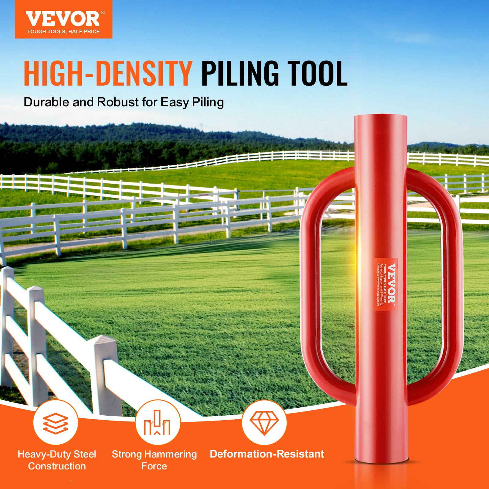 VEVOR TOUGH TOOLS, HALF PRICE

HIGH-DENSITY PILING TOOL

Durable and Robust for Easy Piling

Heavy-Duty Steel Construction
Strong Hammering Force
Deformation-Resistant