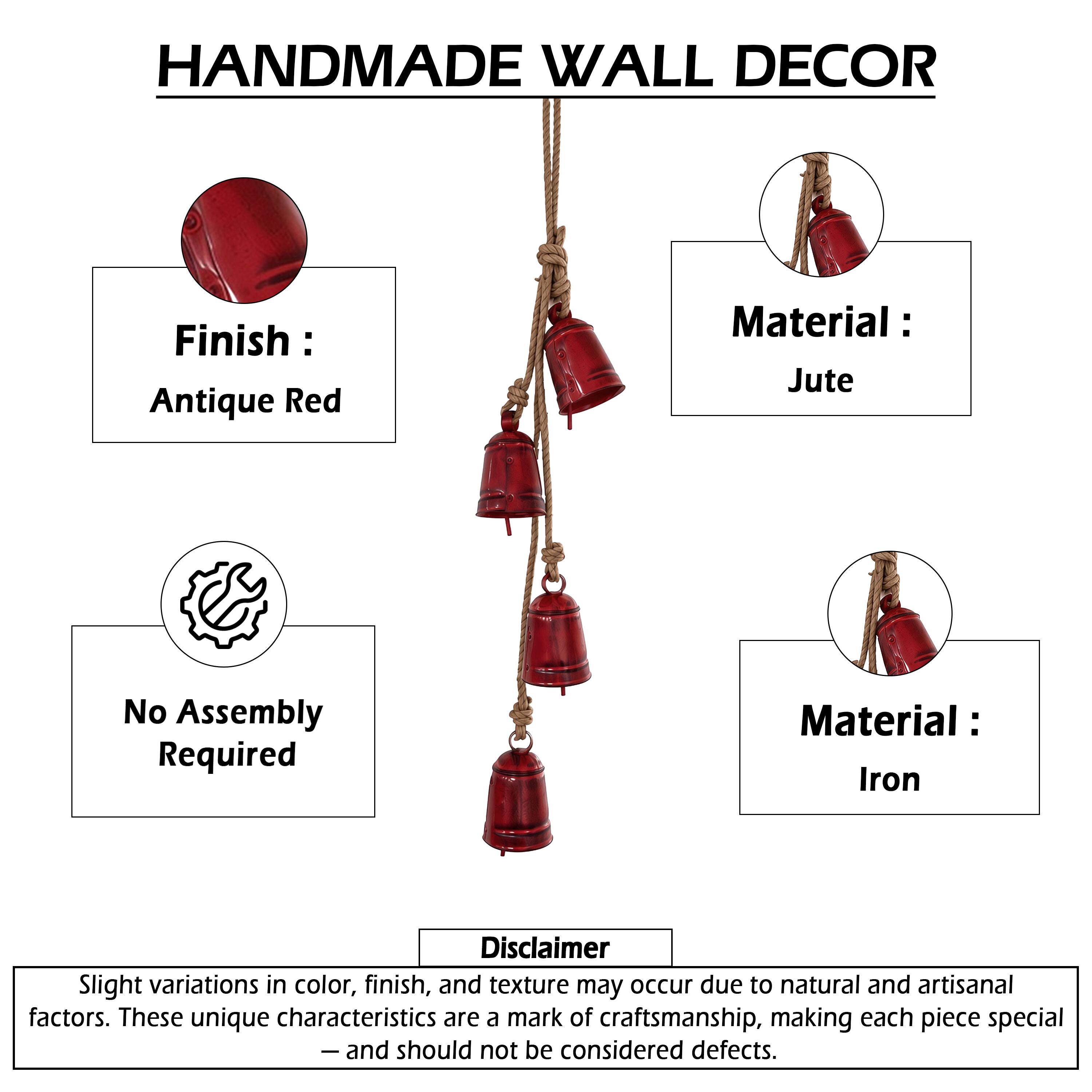 HANDMADE WALL DECOR

Finish: Antique Red

Material: Jute

No Assembly Required

Material: Iron

Disclaimer: Slight variations in color, finish, and texture may occur due to natural and artisanal factors. These unique characteristics are a mark of craftsmanship, making each piece special - and should not be considered defects.