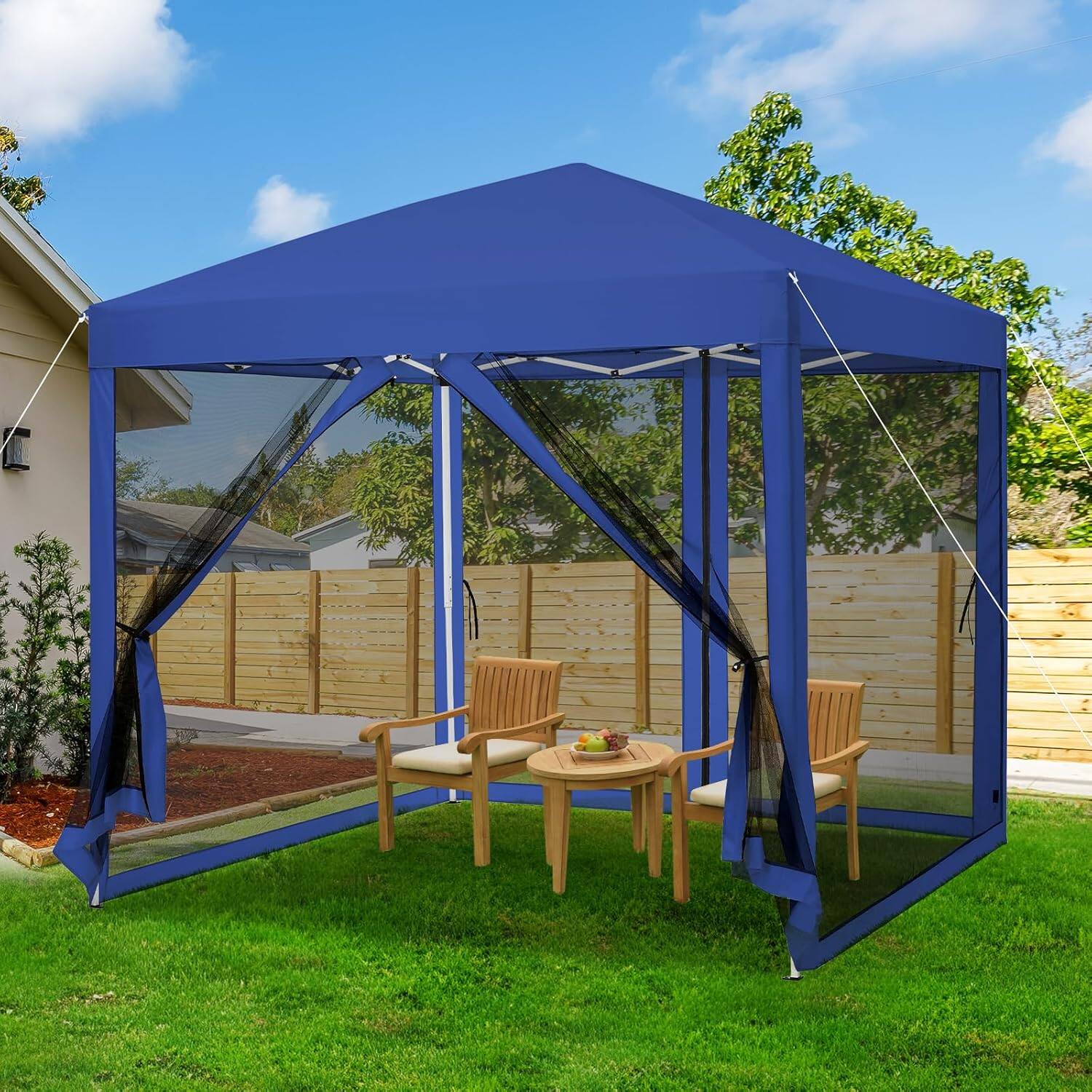 Alt View 4. Homhougo - 10 ft x10 ft Instant Pop-Up Canopy Tent with Removable Mosquito Netting & 2 Zipper Doors, Portable Outdoor Shelter - Blue 10x10 Ft.