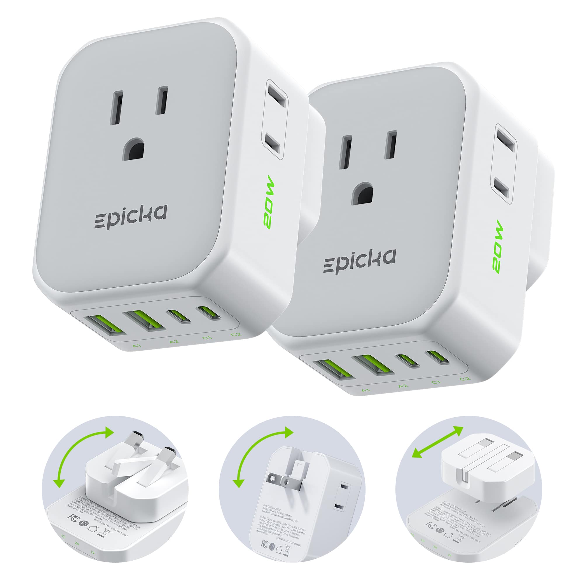 Epicka - Hybrid International Power Adapter for US to England, 2packs 8-IN-1 Travel Plug Adapter, Travel Dorm Essentials - White
