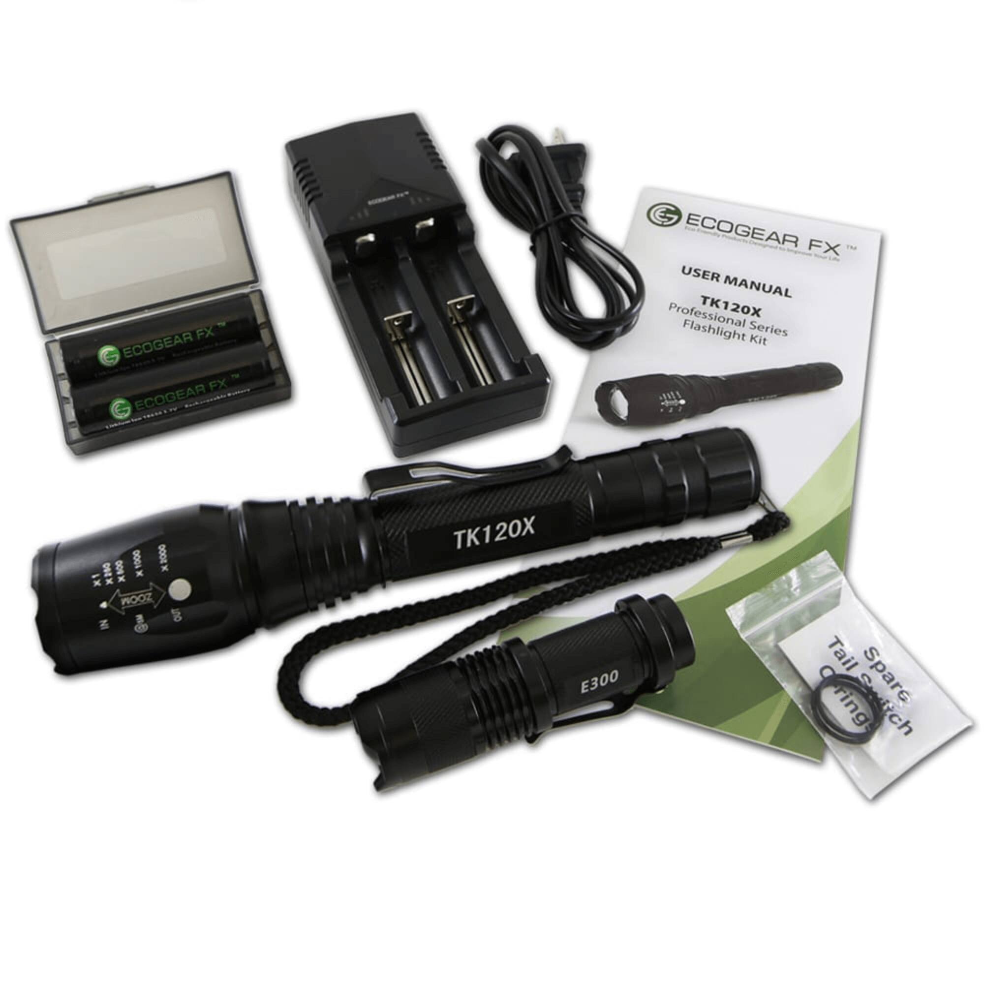 ECOGEAR FX™  
TK120X Flashlight Series Kit  
USER MANUAL  
Professional TK120X Flashlight Series Kit  
800 1000 GODEX x1  
I * ZOOM & OUT  
TK120X E300  
Tail ring Switch Spare