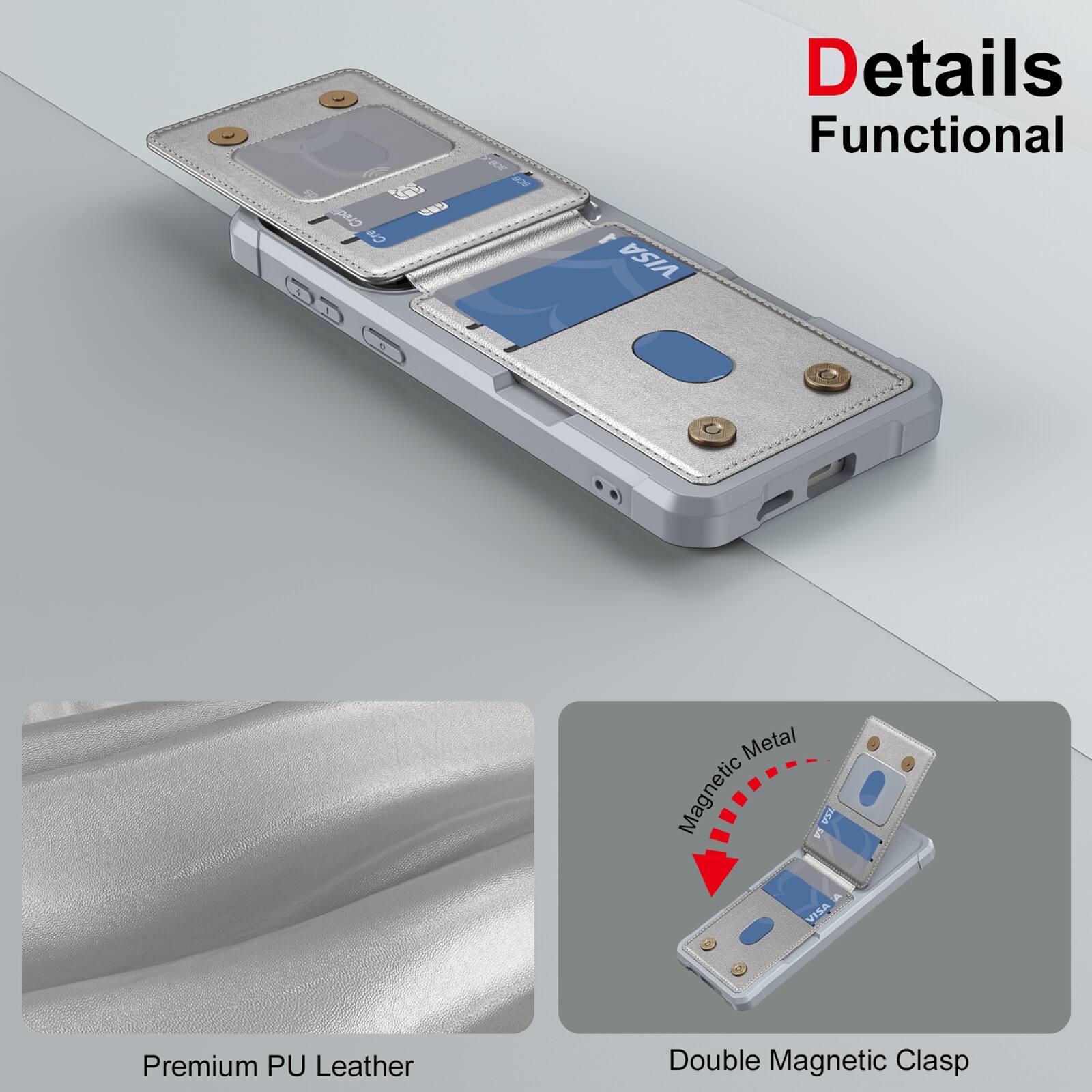 Details Functional

Premium PU Leather

Double Magnetic Clasp
