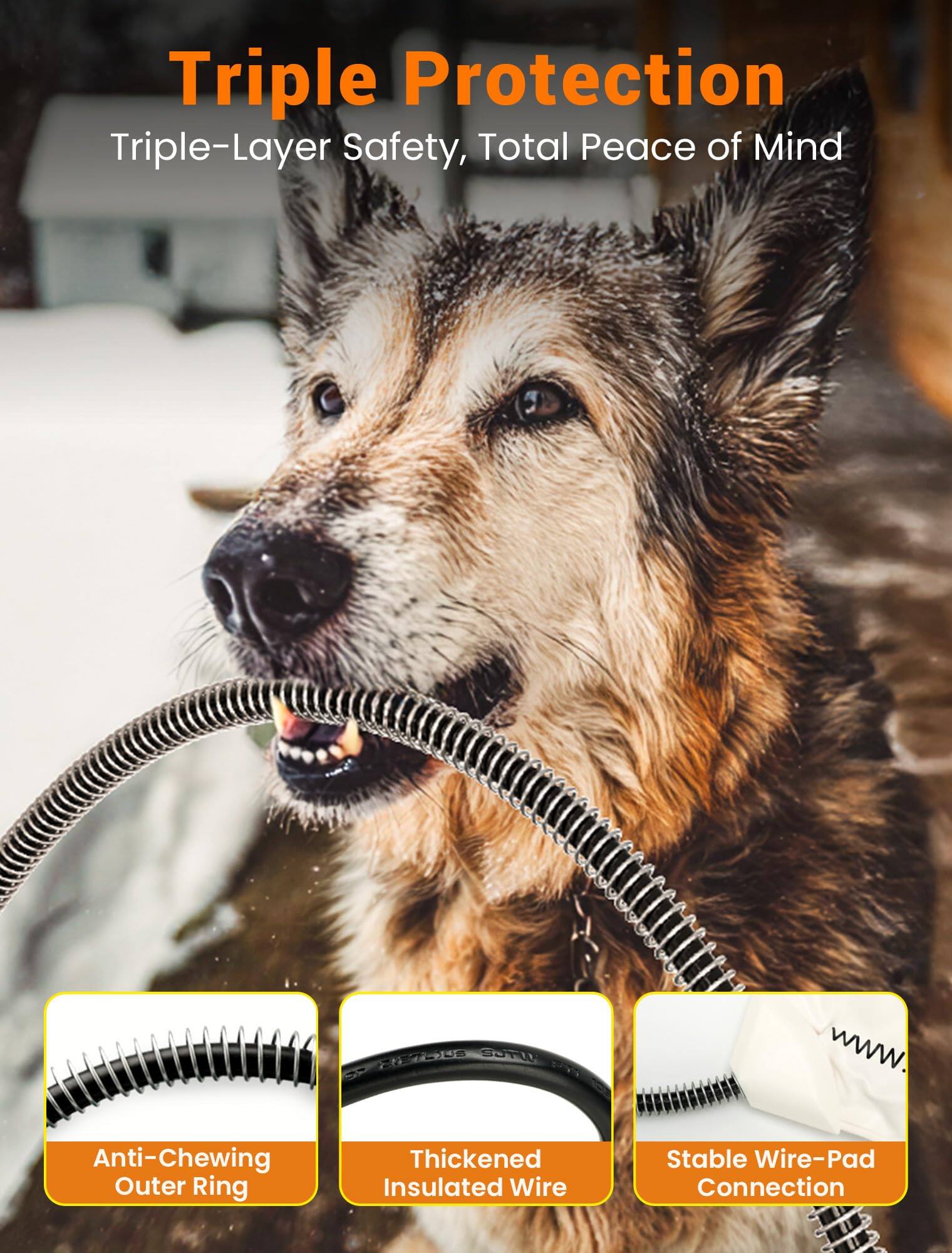 Triple Protection  
Triple-Layer Safety, Total Peace of Mind  

Anti-Chewing Outer Ring  
Thickened Insulated Wire  
Stable Wire-Pad Connection