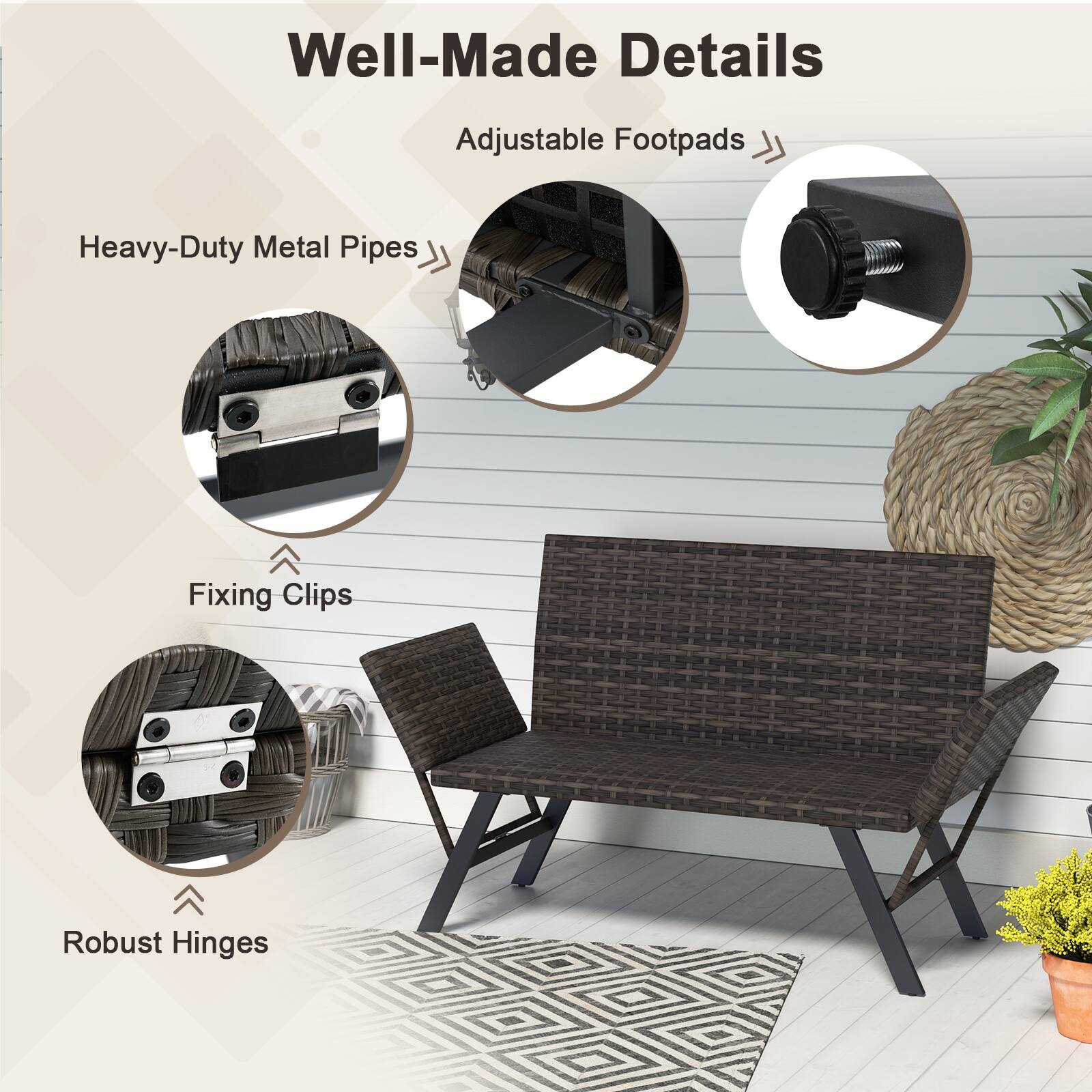 Well-Made Details  
Adjustable Footpads  
Heavy-Duty Metal Pipes  
Fixing Clips  
Robust Hinges