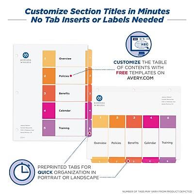 Customize Section Titles in Minutes  
No Tab Inserts or Labels Needed  

1. Overview  
2. Policies  
3. Benefits  
4. Calendar  
5. Training  

Customize the Table of Contents with Free Templates on Avery.com  

Preprinted Tabs for Quick Organization in Portrait or Landscape  

Number of Tabs May Vary from Product Depicted