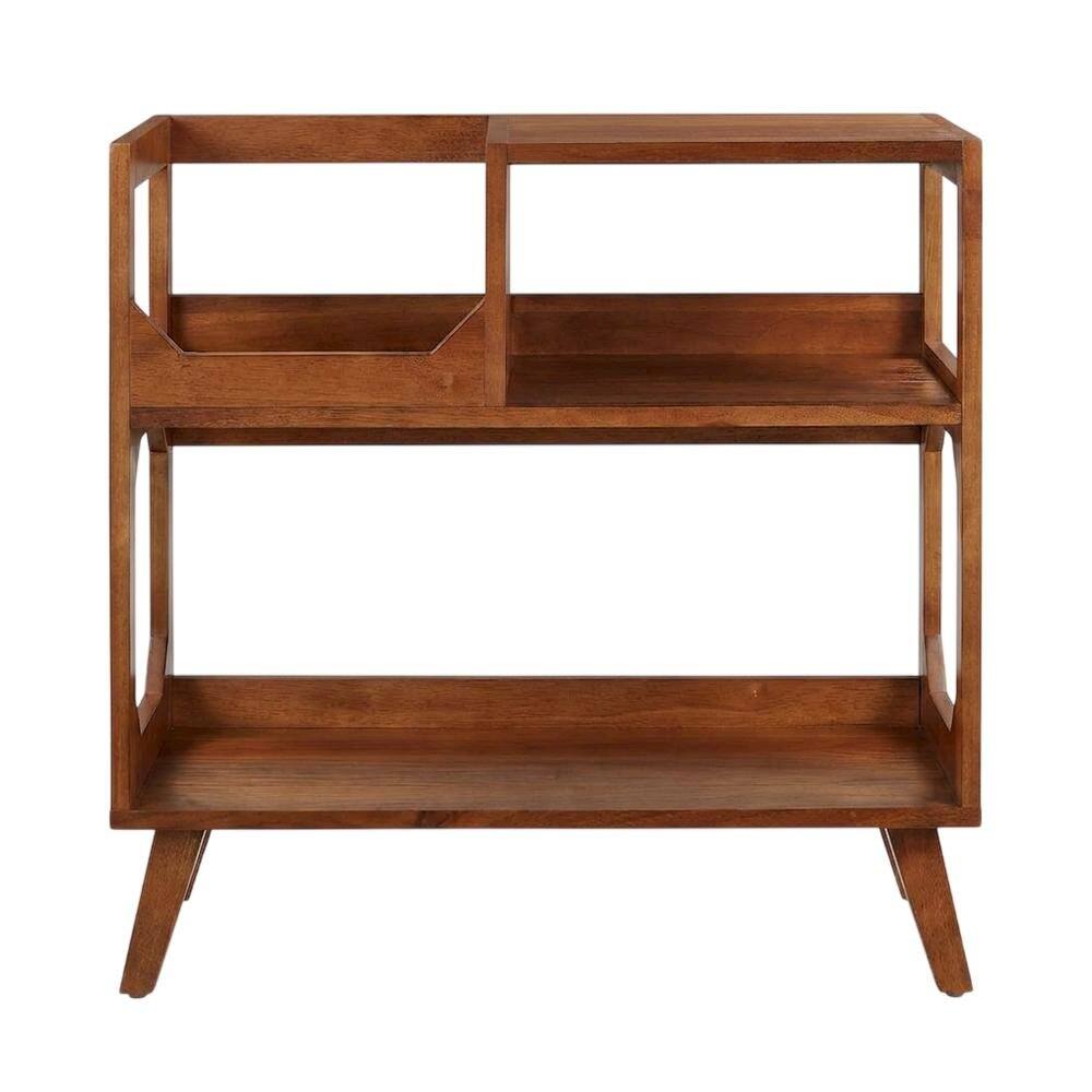 Back. FurniFact - Brown Walnut Record Player Stand, Rubberwood Veneer Vinyl Storage - Walnut.