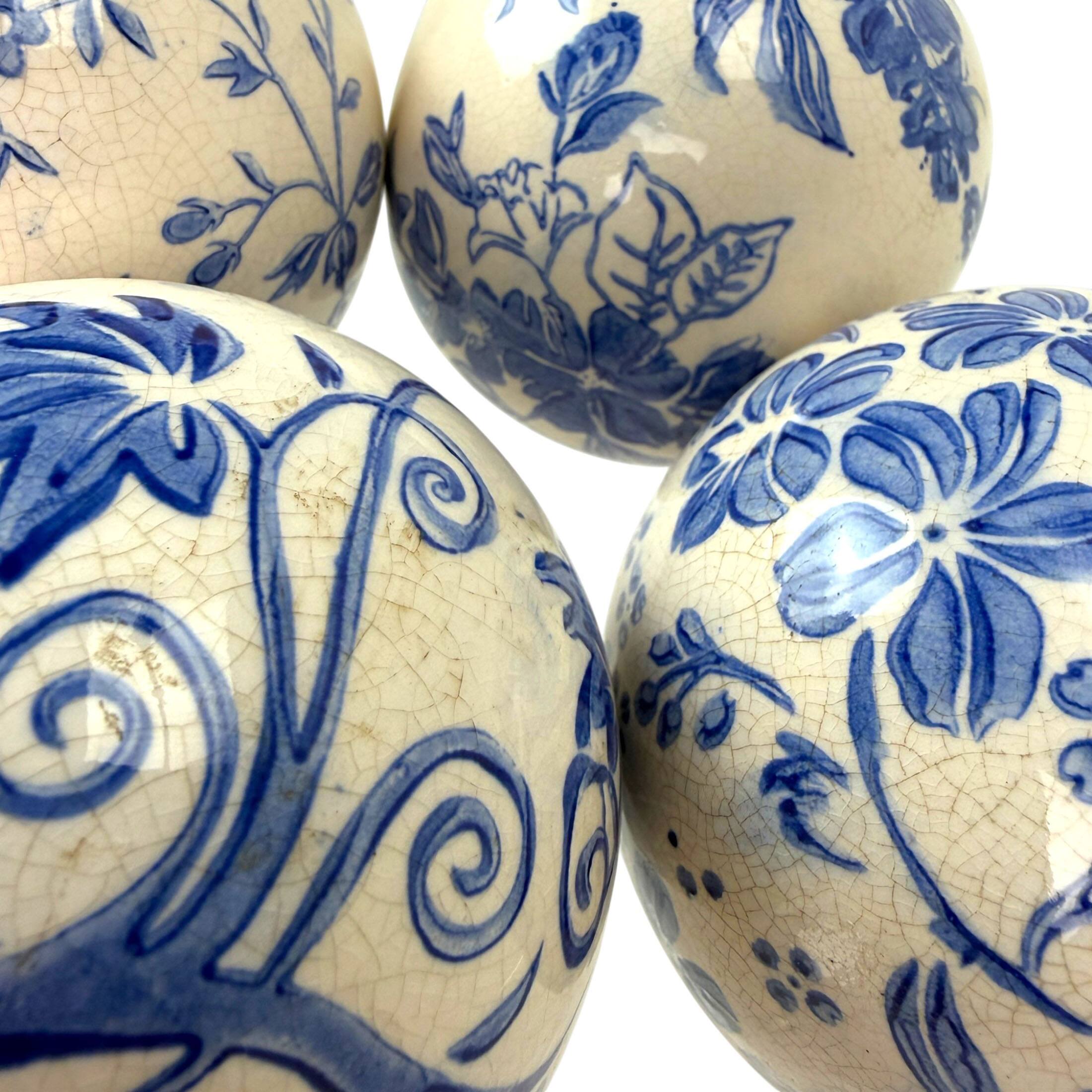 Alt View 5. Things2Die4 - Decorative Orbs Set of 4 Blue White Floral Crackle Ceramic 3.75 In - White.