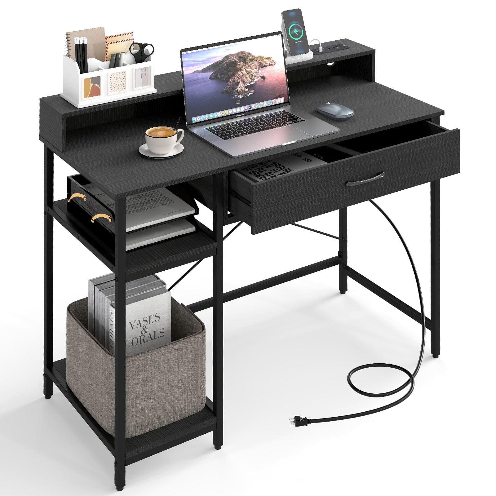 Ecooso - 48" Computer Desk with Monitor Stand, Drawer and Shelves, Home Office Workstation - Rustic Brown + Black