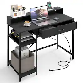 Ecooso - 48" Computer Desk with Monitor Stand, Drawer and Shelves, Home Office Workstation - Rustic Brown + Black