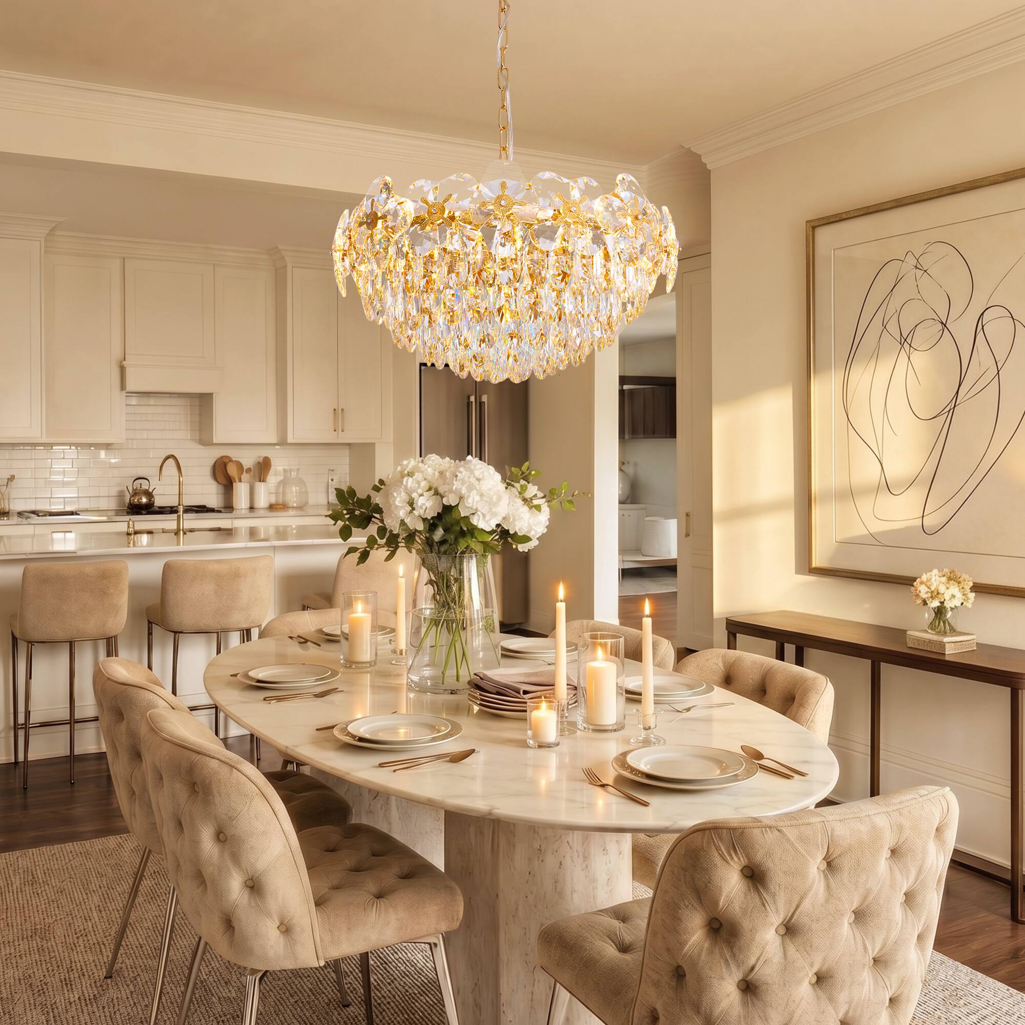 Left. Siljoy - 24 Inch Round Luxury Crystal Chandelier, Modern Gold 4-Leaf Floral Pendant Light for Kitchen Living Room  Foyer - Rose Gold.