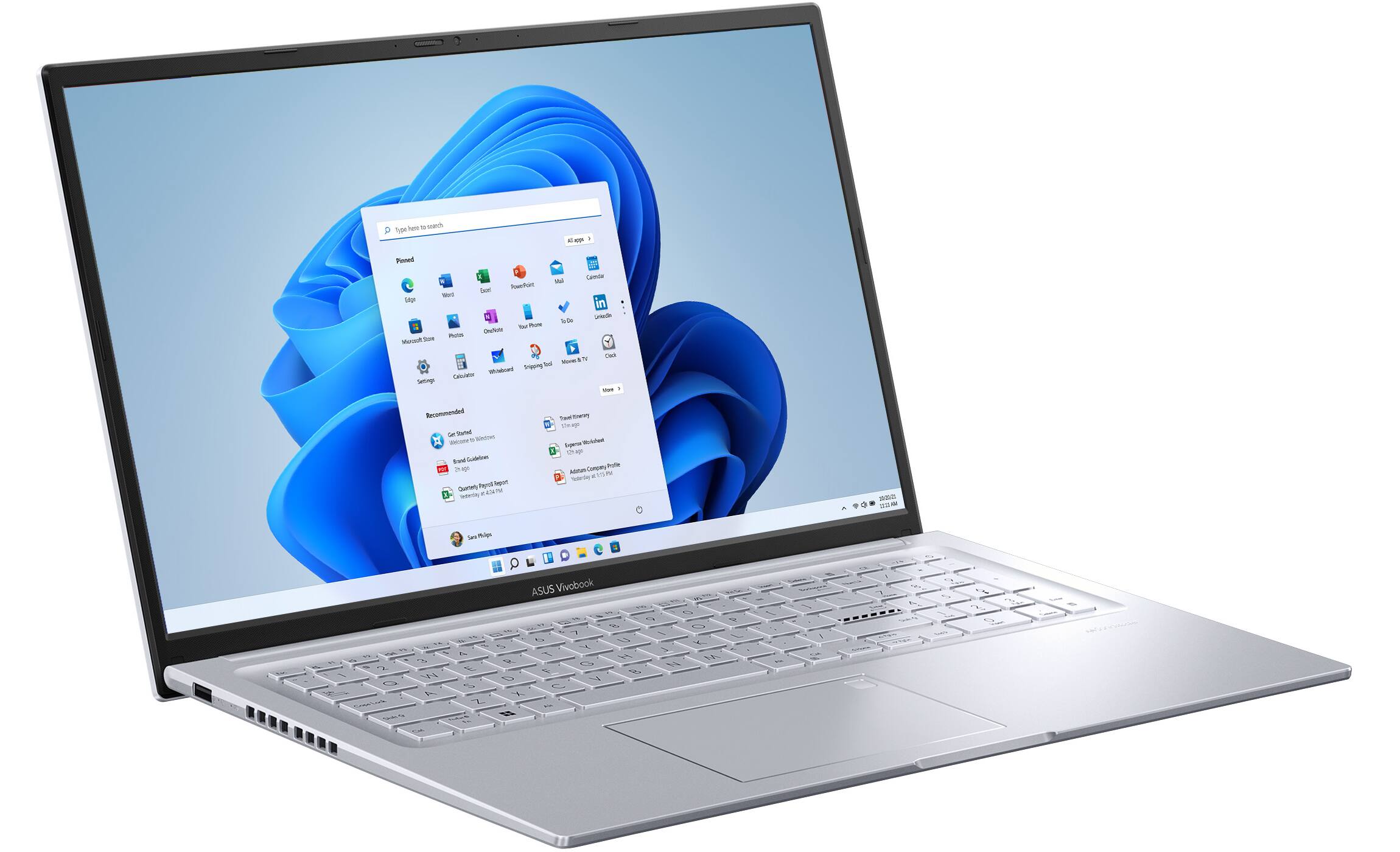 Sure, here is the corrected text:

---

**Pinned:**
- Edge
- Mail
- Microsoft Store
- Photos
- Settings
- Calculator

**Recommended:**
- Get Started
- Microsoft 365
- Express Webmail
- Adobe Creative Cloud
- Microsoft Edge
- Microsoft Teams

**More:**
- Travel Expense

---

This text is based on the visible pinned and recommended apps on the laptop screen.