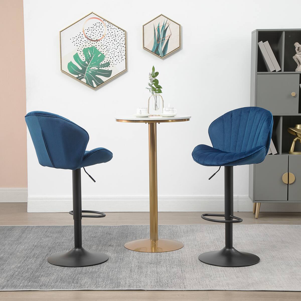 Angle. Trinkets Crazed - Adjustable Swivel Gold Bar Stools Set Of 2, Counter Height With Backs, Velvet Island Chairs For Kitchen Home Decor - Blue.