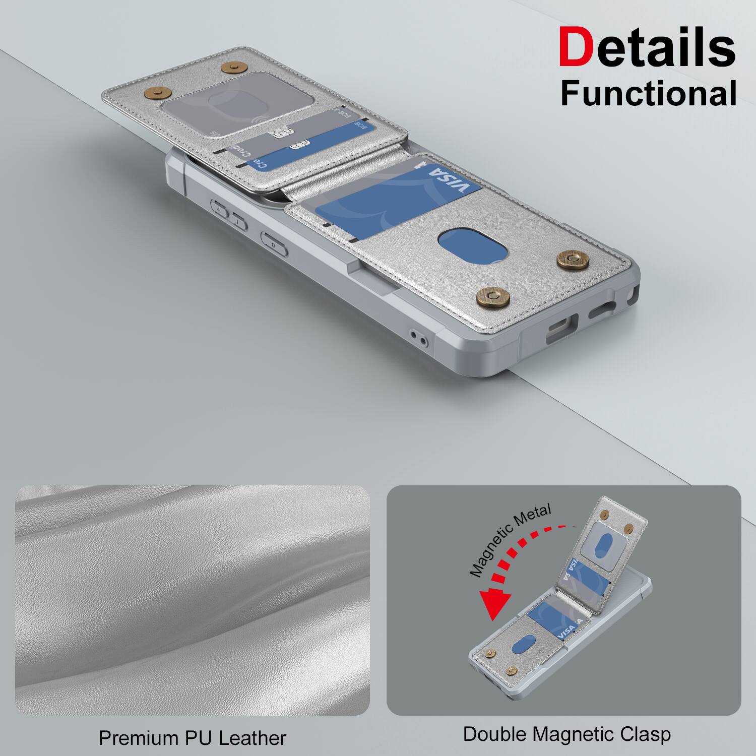 Details Functional

Premium PU Leather

Double Magnetic Clasp

Magnetic Metal