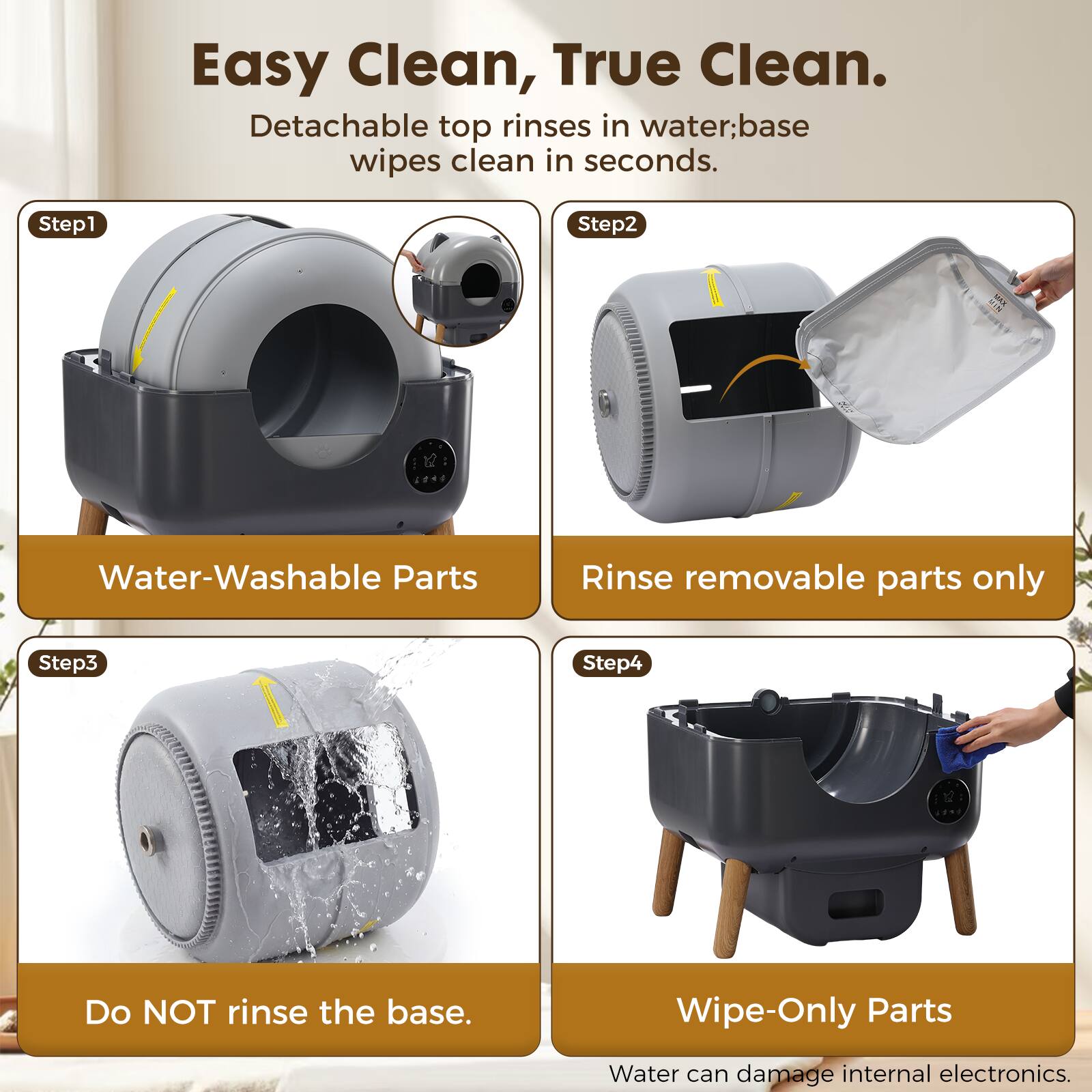 Easy Clean, True Clean.  
Detachable top rinses in water; base wipes clean in seconds.  

Step1: Water-Washable Parts  
Rinse removable parts only  

Step2: Do NOT rinse the base.  

Step3: Wipe-Only Parts  
Water can damage internal electronics.