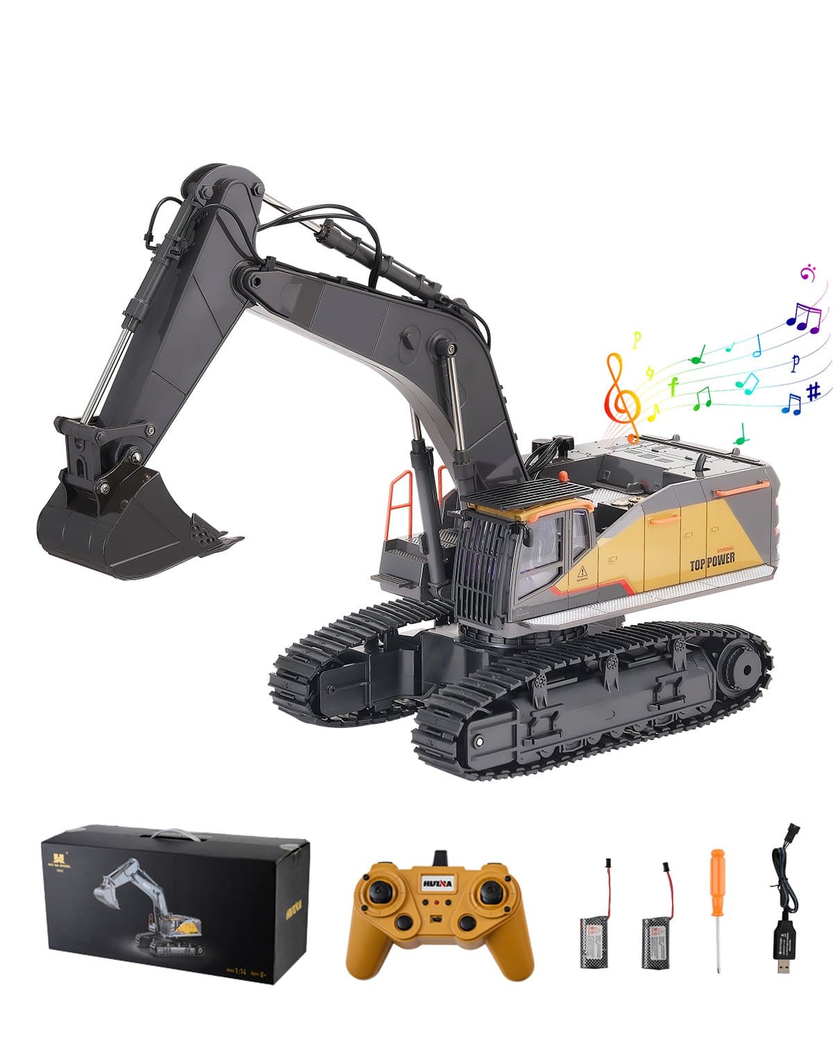 Glintex - RC Excavator Toy 22-Channel 1:14 Scale Remote Control Digger with Metal Shovel, Lights & Sounds, Construction Toy