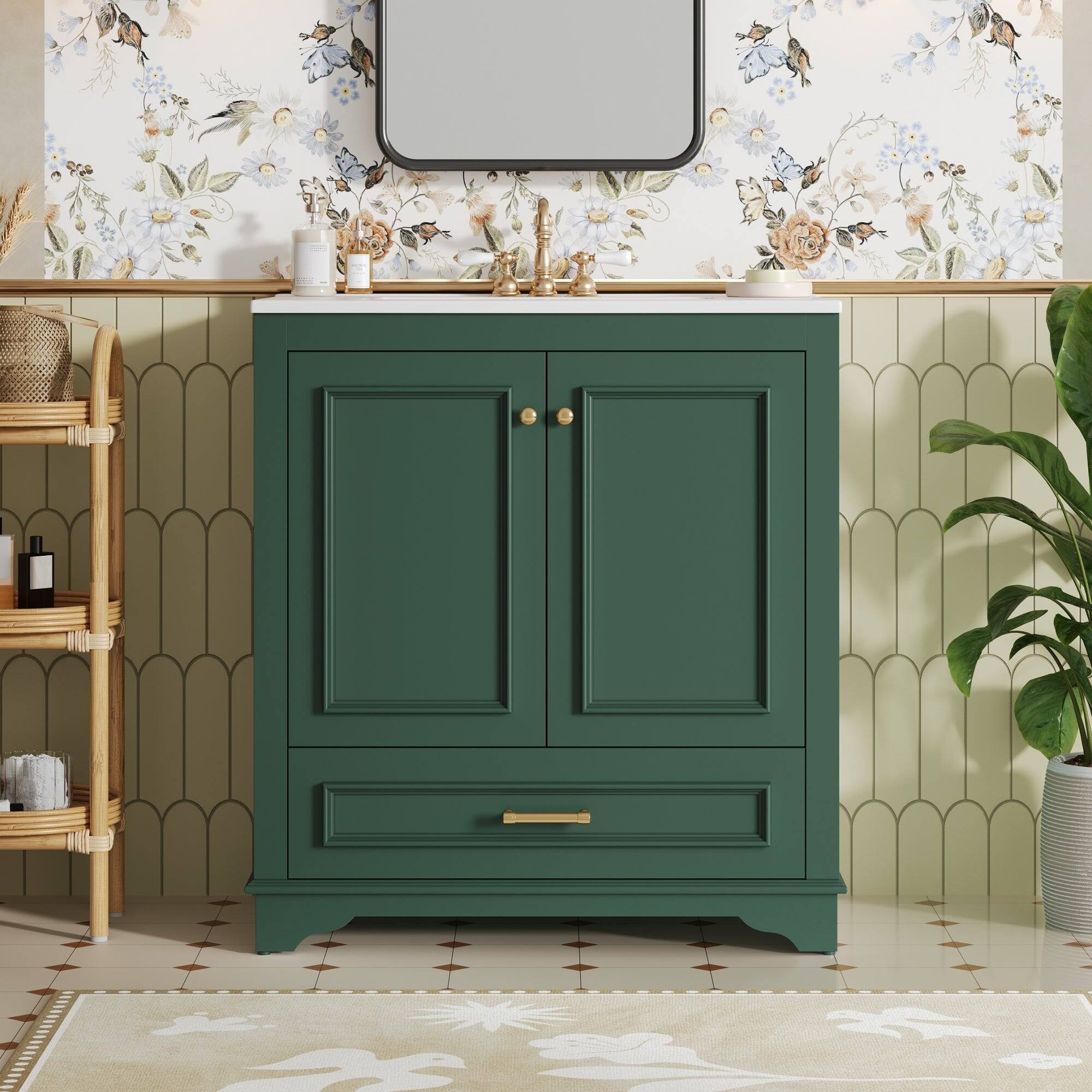 Alt View 4. Boyel Living - 30 Inch Bathroom Vanity with Ceramic Sink Solid Wood Frame Green - Green.