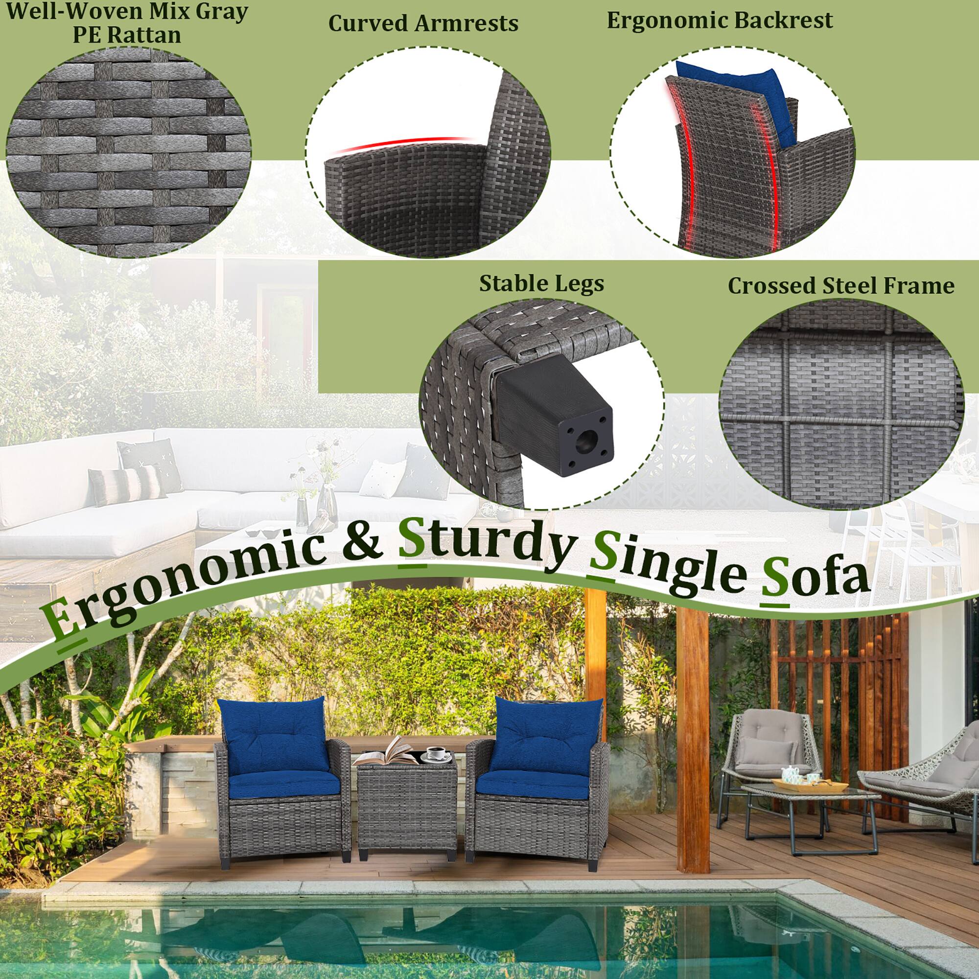 Well-Woven Mix Gray PE Rattan, Curved Armrests, Ergonomic Backrest, Stable Legs, Crossed Steel Frame, & Sturdy Ergonomic Single Sofa