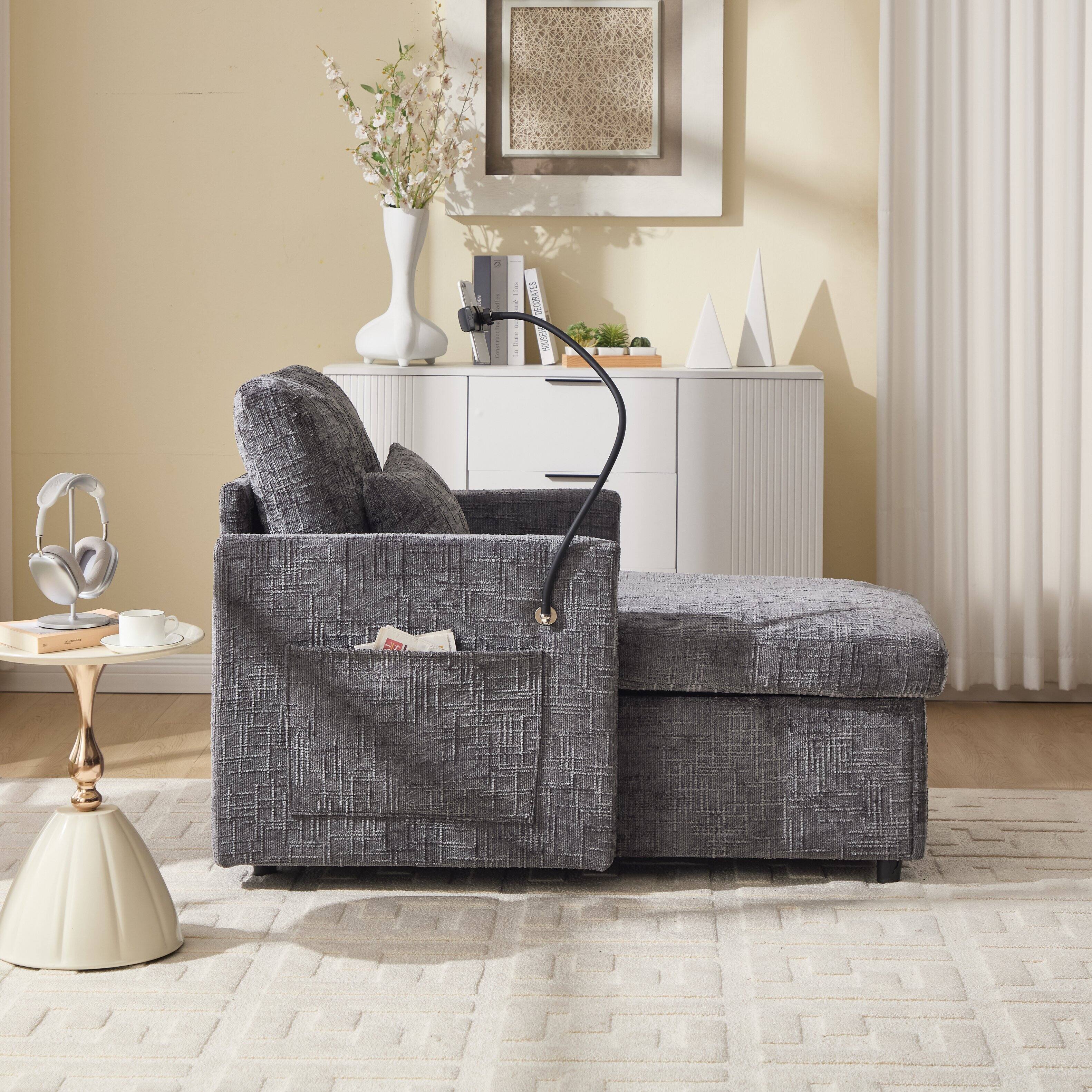 Alt View 1. Trinkets Crazed - Lazy Person Sofa Couch, Multifunctional Chenille Single Leisure Chair with Storage Backrest, Cell Phone Bracket - Gray.