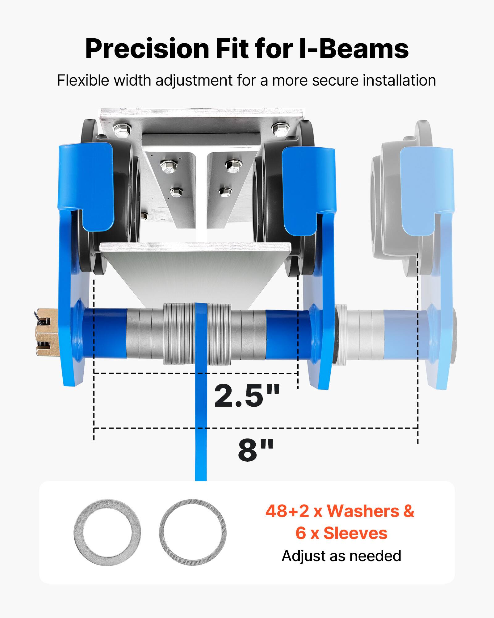 Precision Fit for I-Beams  
Flexible width adjustment for a more secure installation  
2.5" 8"  
48+2 x Washers & 6 x Sleeves  
Adjust as needed