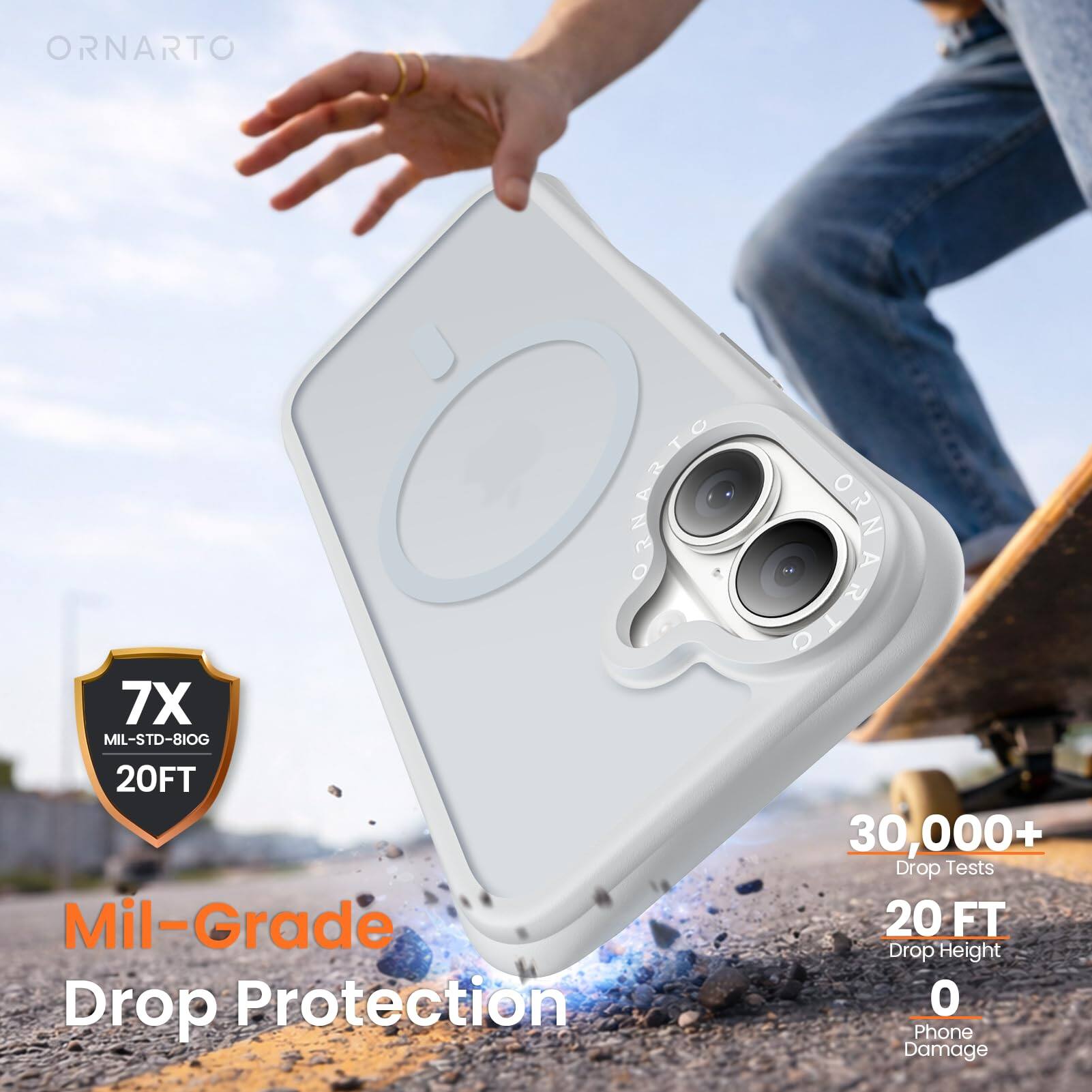 ORNARTO  
7X MIL-STD-810G 20FT  
Mil-Grade Drop Protection  
30,000+ Drop Tests  
20 FT Drop Height  
0 Phone Damage