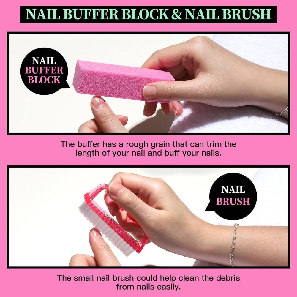 NAIL BUFFER BLOCK & NAIL BRUSH

NAIL BUFFER BLOCK  
The buffer has a rough grain that can trim the length of your nail and buff your nails.

NAIL BRUSH  
The small nail brush could help clean the debris from nails easily.