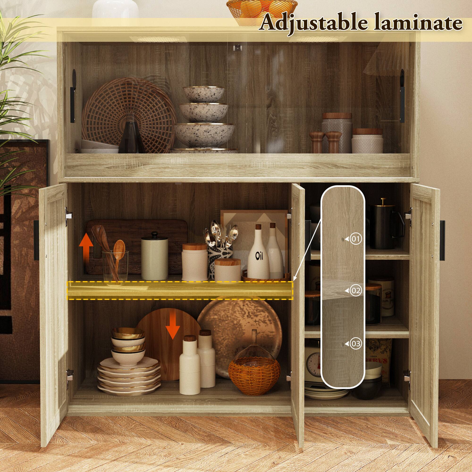Adjustable laminate cabinet with various items such as bowls, cups, and bottles.