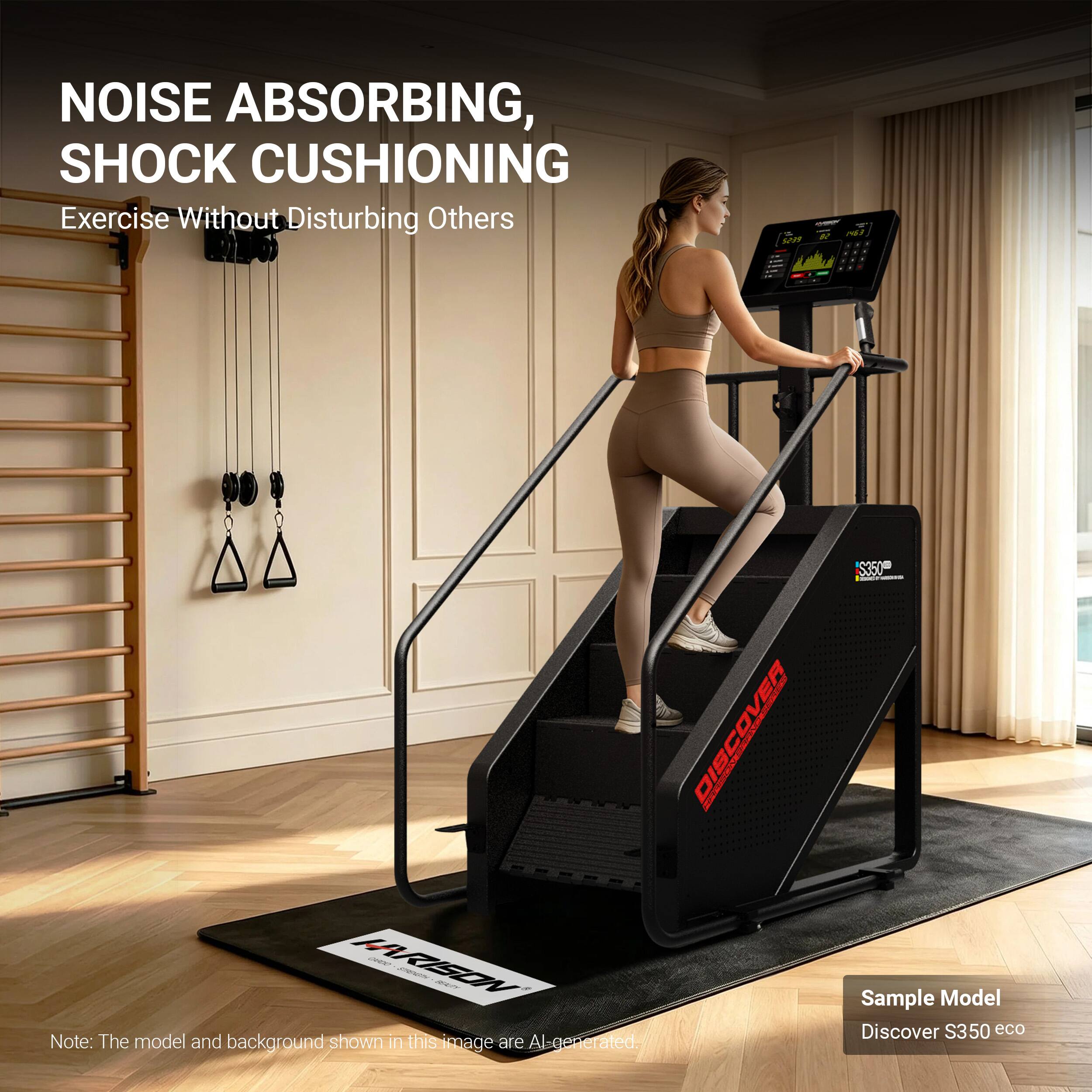 NOISE ABSORBING, SHOCK CUSHIONING  
Exercise Without Disturbing Others

5299  
50  
3

HARISON CHDO 3700  
BENTY

DE ISCOVER  
COCOLD DOU adidas Sample Model Discover S350 eco

Note: The model and background shown in this image are AI generated.