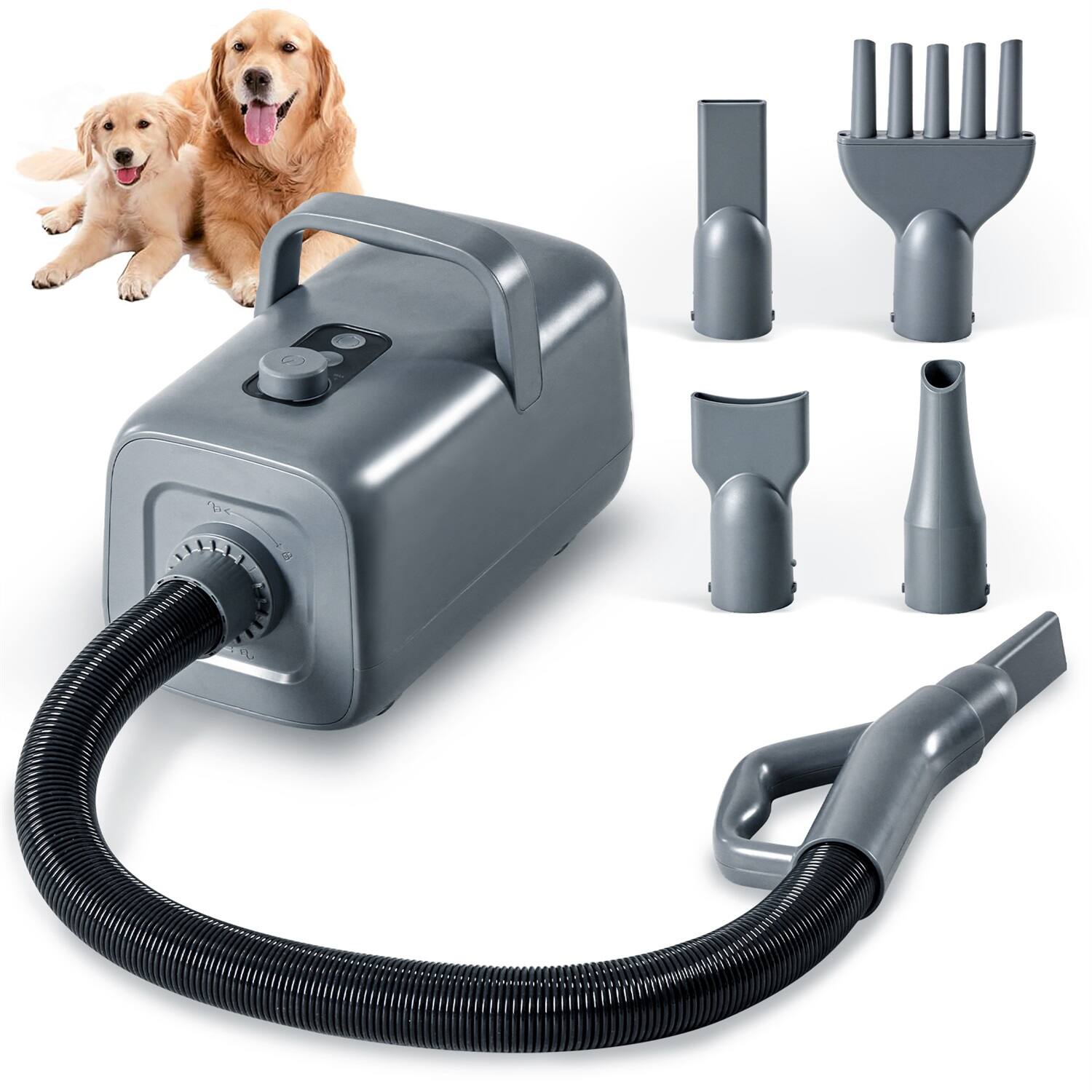 Front. Sweet - ﻿ High Velocity Dog Hair Drye, 1500W Adjustable Temp and Speed Pet Dryers with 4 Nozzles and a Comb, Gray.