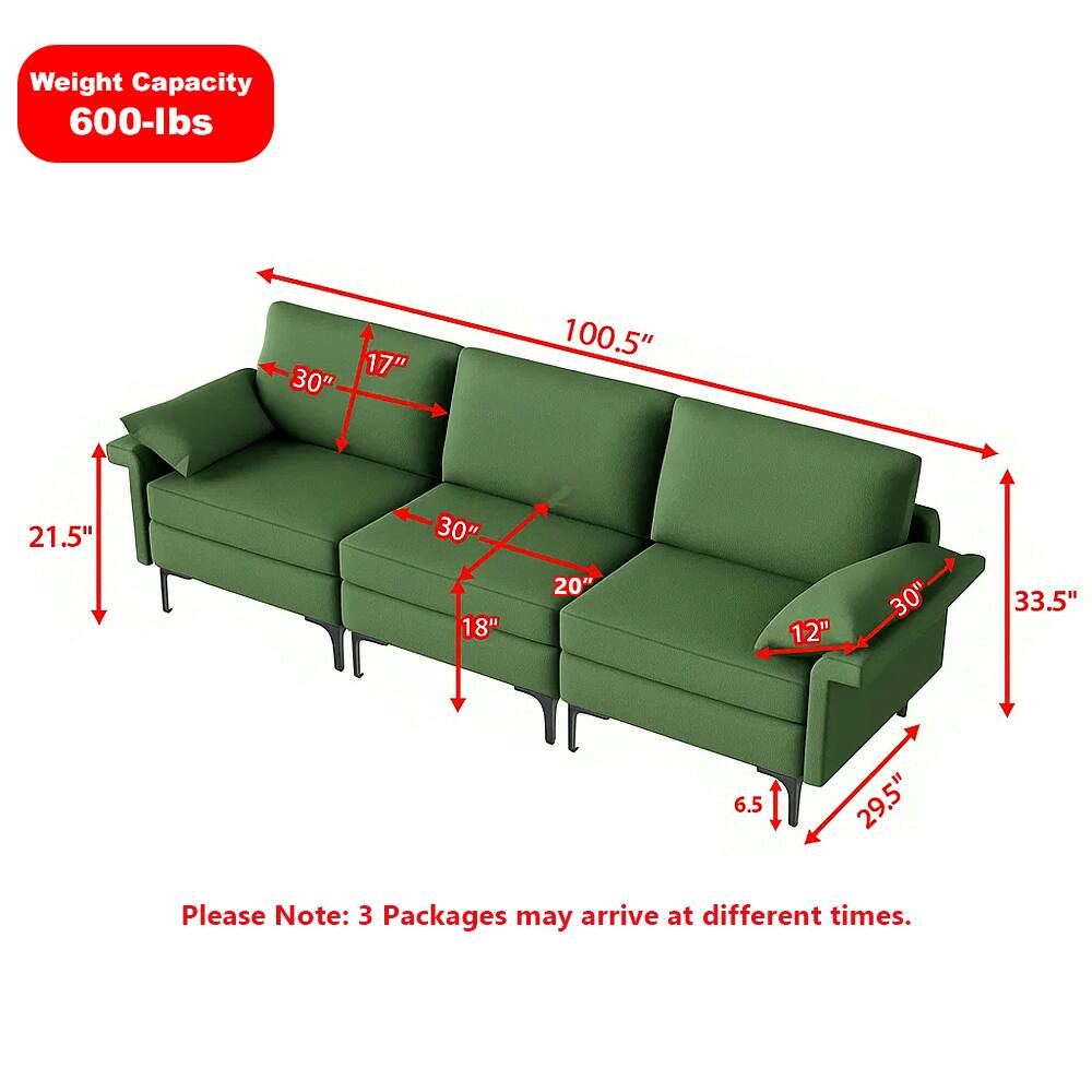 Weight Capacity: 600-lbs

Dimensions:
- Length: 100.5"
- Width: 33.5"
- Height: 21.5"
- Seat Height: 18"
- Armrest Height: 30"
- Back Height: 30"
- Depth: 20"
- Seat Depth: 12"
- Armrest Width: 17"
- Leg Height: 6.5"

Please Note: 3 Packages may arrive at different times.