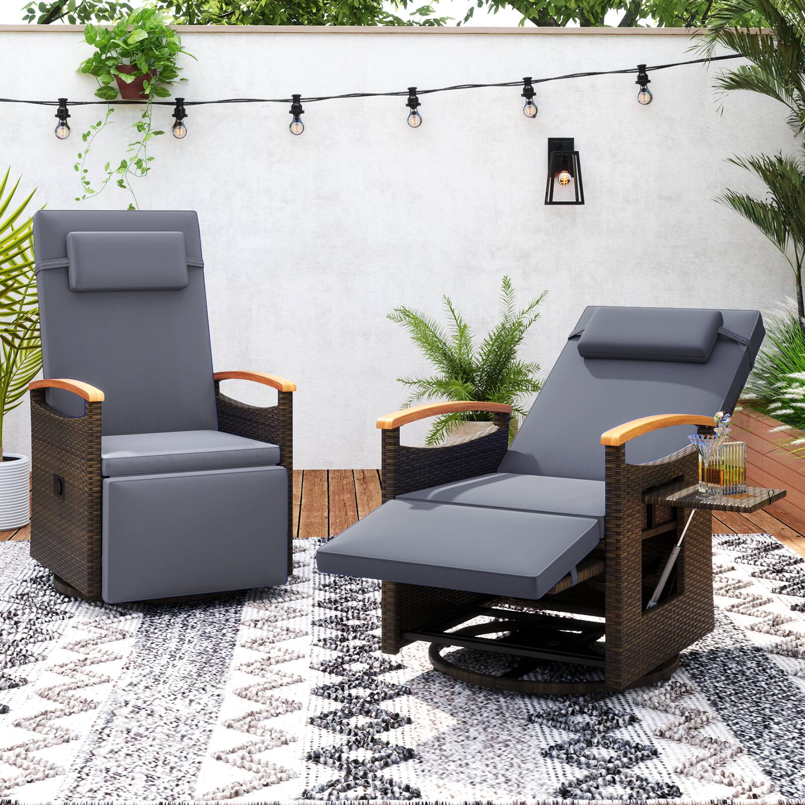 Front. Gymax - Gymax Set Of 2 Outdoor 360° Swivel Rattan Recliner Chair Patio Wicker Chaise Lounge Chair - Mix Brown, Gray.
