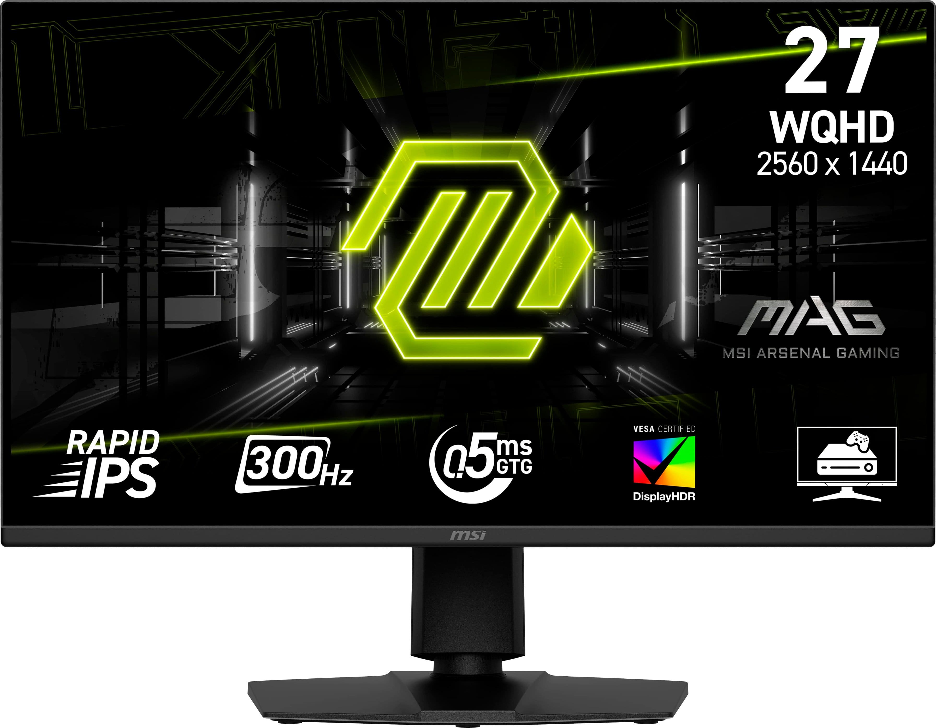 The text on the image can be grouped and corrected as follows:
"Rapid IPS 27 WQHD 2560 x 1440 m MSI MAS Arsenal Gaming VESA Certified ms 300Hz Hz O 05c GTG DisplayHDR msi"
This text describes a computer monitor with a 27-inch screen, a 2560 x 1440 resolution, and a refresh rate of 300Hz. The monitor is VESA certified and manufactured by MSI.
