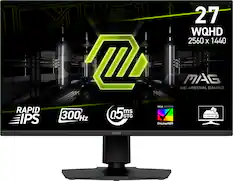 The text on the image can be grouped and corrected as follows:
"Rapid IPS 27 WQHD 2560 x 1440 m MSI MAS Arsenal Gaming VESA Certified ms 300Hz Hz O 05c GTG DisplayHDR msi"
This text describes a computer monitor with a 27-inch screen, a 2560 x 1440 resolution, and a refresh rate of 300Hz. The monitor is VESA certified and manufactured by MSI.