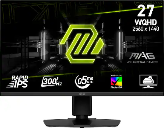 The text on the image can be grouped and corrected as follows:
"Rapid IPS 27 WQHD 2560 x 1440 m MSI MAS Arsenal Gaming VESA Certified ms 300Hz Hz O 05c GTG DisplayHDR msi"
This text describes a computer monitor with a 27-inch screen, a 2560 x 1440 resolution, and a refresh rate of 300Hz. The monitor is VESA certified and manufactured by MSI.