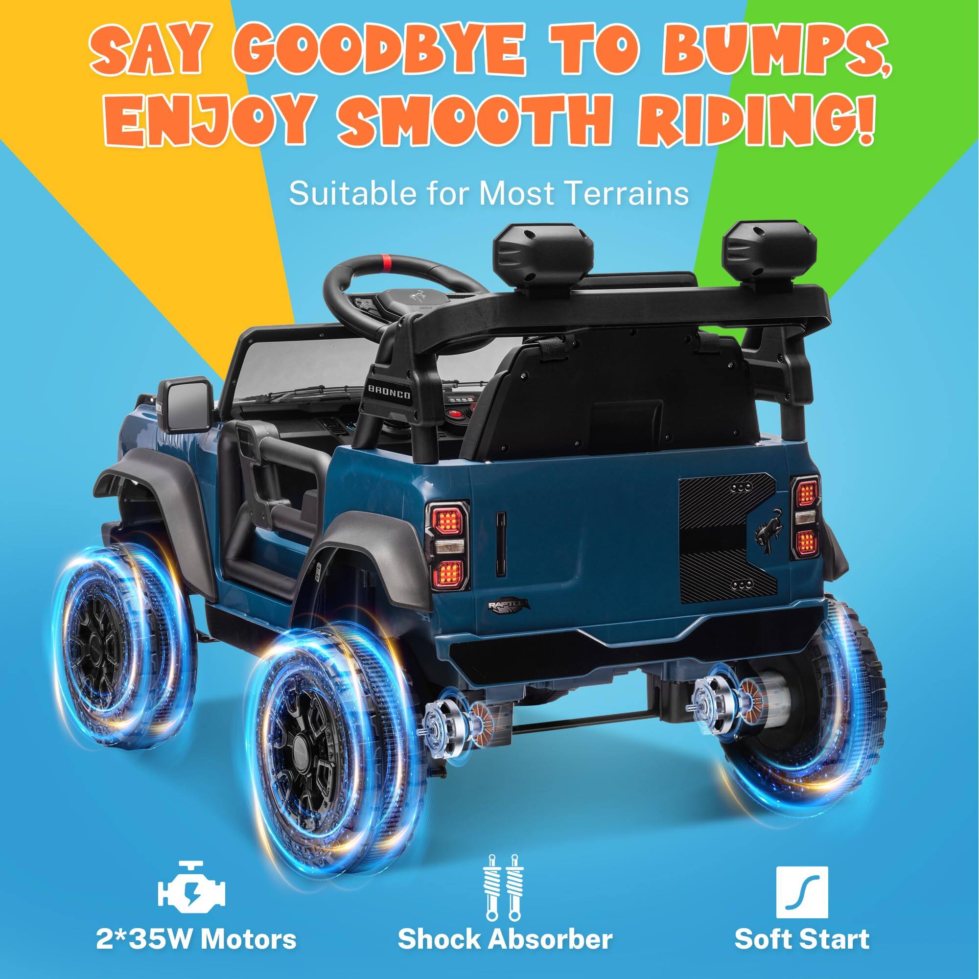 SAY GOODBYE TO BUMPS, ENJOY SMOOTH RIDING!  
Suitable for Most Terrains  
BRONCO H 2*35W Motors  
Shock Absorber  
Soft Start