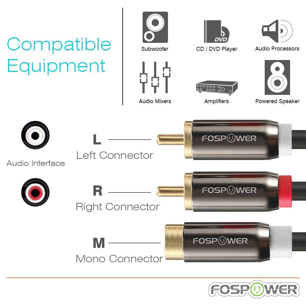 Compatible Equipment: Subwoofer, CD/DVD Player, Audio Processors, Audio Mixers, Amplifiers, Powered Speaker

Connectors: L - Left Connector, R - Right Connector, M - Mono Connector

Brand: FOSPOWER