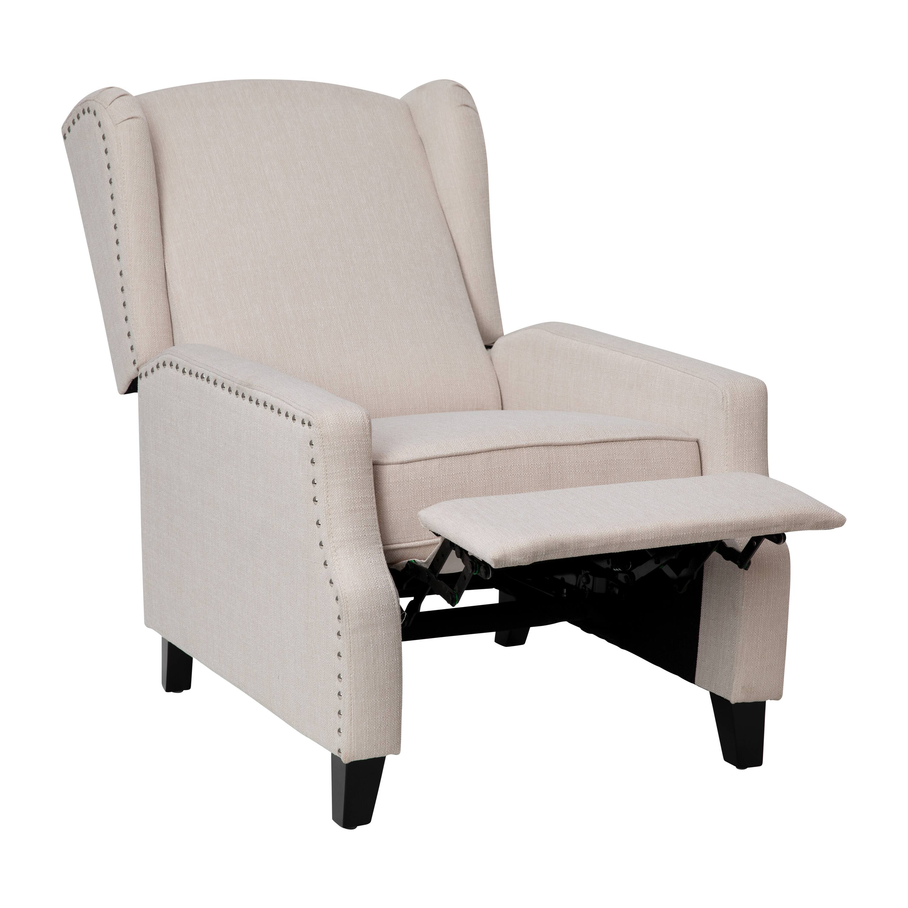 Alt View 8. Emma + Oliver - Leeds Fabric Upholstered Easy Push Back Recliner - Classic Wingback Design with Nailhead Accent Trim and Footrest - Cream.