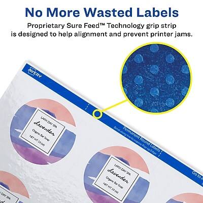 No More Wasted Labels  
Proprietary Sure Feed™ Technology grip strip is designed to help alignment and prevent printer jams.

AVERY DAY SPA LARX DAY Lavenden SPA Organic Bar NET Soap WT 20 (N) Permanent Round Labels

AVERY DAY SPA LARX DAY Lavenden SPA Organic Bar NET Soap WT 20 (N) Permanent Round Labels