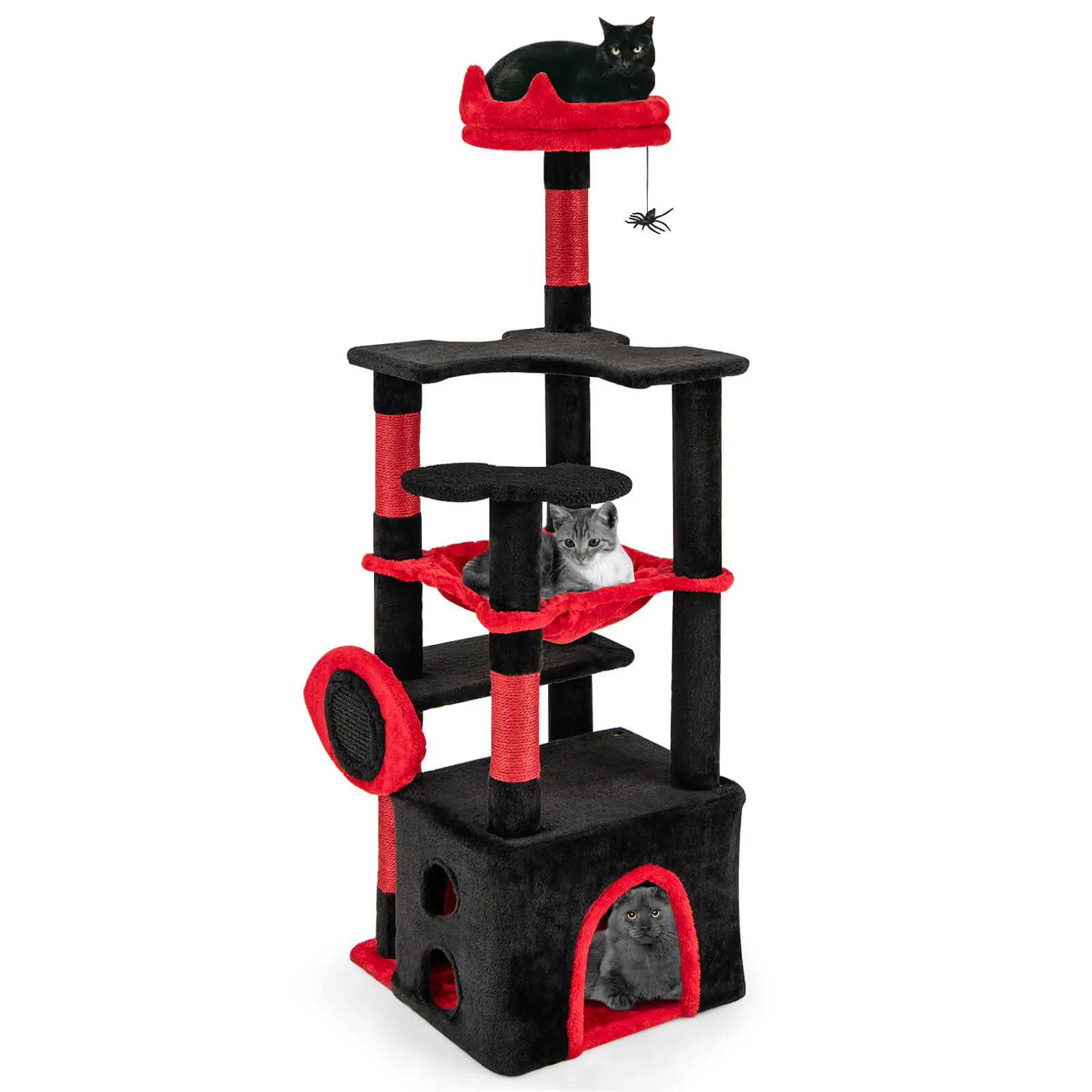 Costway - 52" Gothic Cat Tree with Plush Perch & Condo Hammock& Hanging Spider Toy - Red