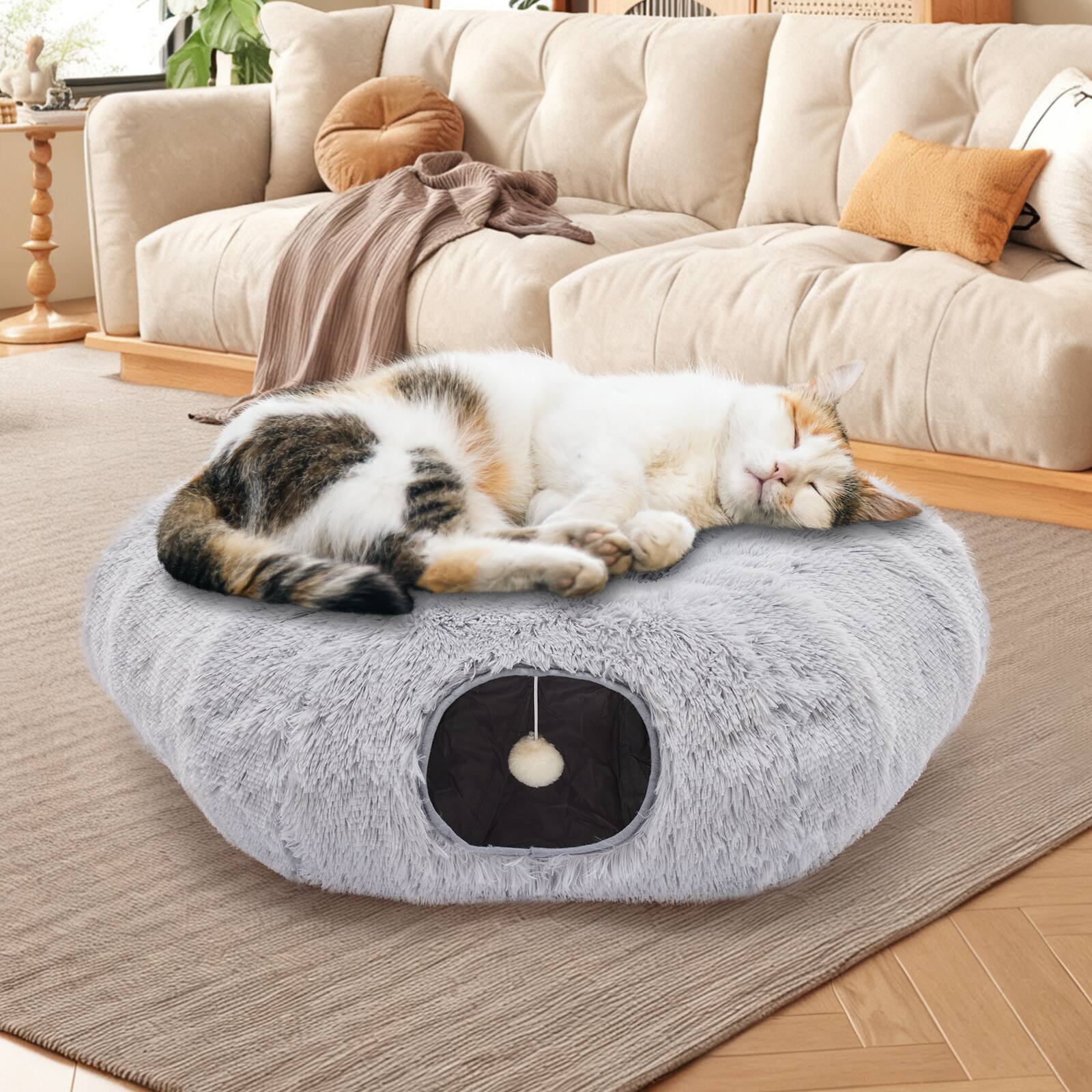 Alt View 2. AENKYO - Plush Cat Cave Bed With Removable Play Tunnel & Ball Toy – Dual-Entry, Machine Washable Cat Furniture. - Grey.