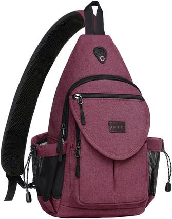 Front. mosiso - Sling Backpack Canvas Crossbody Hiking Daypack Bag with Anti-theft Pocket - Wine Red.
