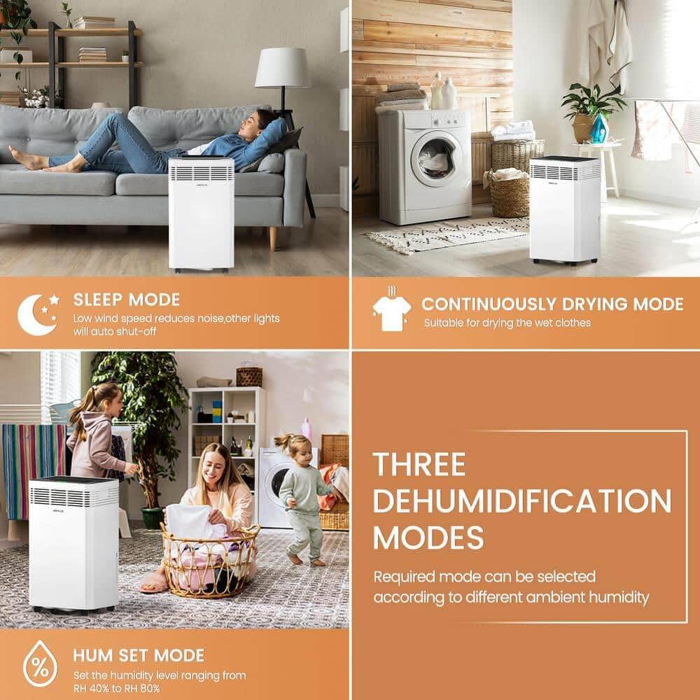 SLEEP MODE  
Low wind speed reduces noise, other lights will auto shut-off  

CONTINUOUSLY DRYING MODE  
Suitable for drying the wet clothes  

THREE DEHUMIDIFICATION MODES  
Required mode can be selected according to different ambient humidity  

HUM SET MODE  
Set the humidity level ranging from RH 40% to RH 80%