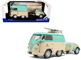 2024 Volkswagen Cool Combi Van with Trailer Mint Green and Cream with Roof Rack and Surfboard 1/18 Model Car by Solido