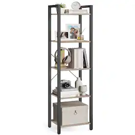 Songmics Home - 5-Tier Bookshelf, Bookcase with Steel Frame, Book Shelf for Living Room, Home Office, Study, 11.8 x 15.7 x 60.2 Inches - Heather Greige and Ink Black