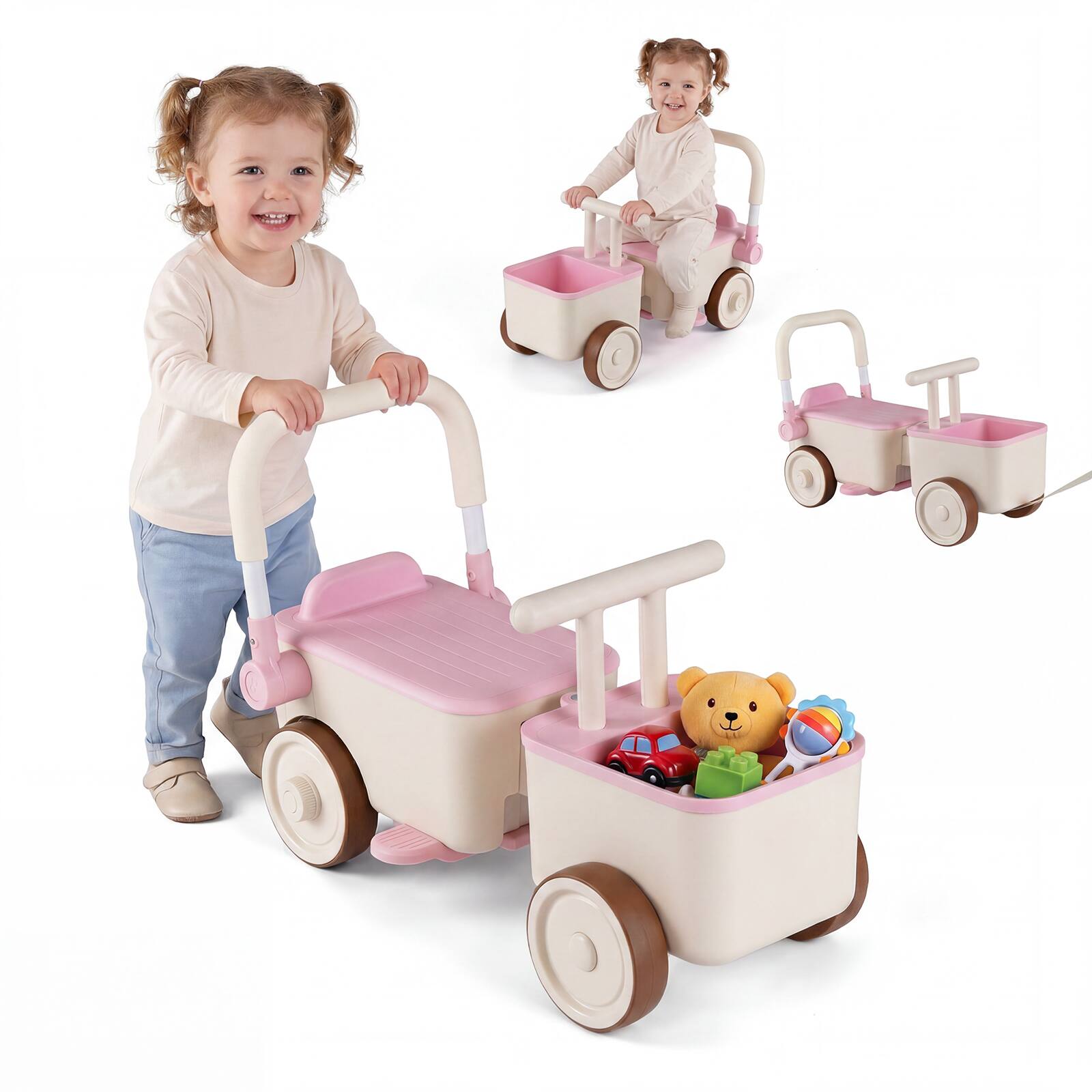 Front. Gymax - Gymax 3-in-1 Kids Ride On Push Car Foot-to-Floor Sliding Car for Toddler w/ Rope Pink - Pink.